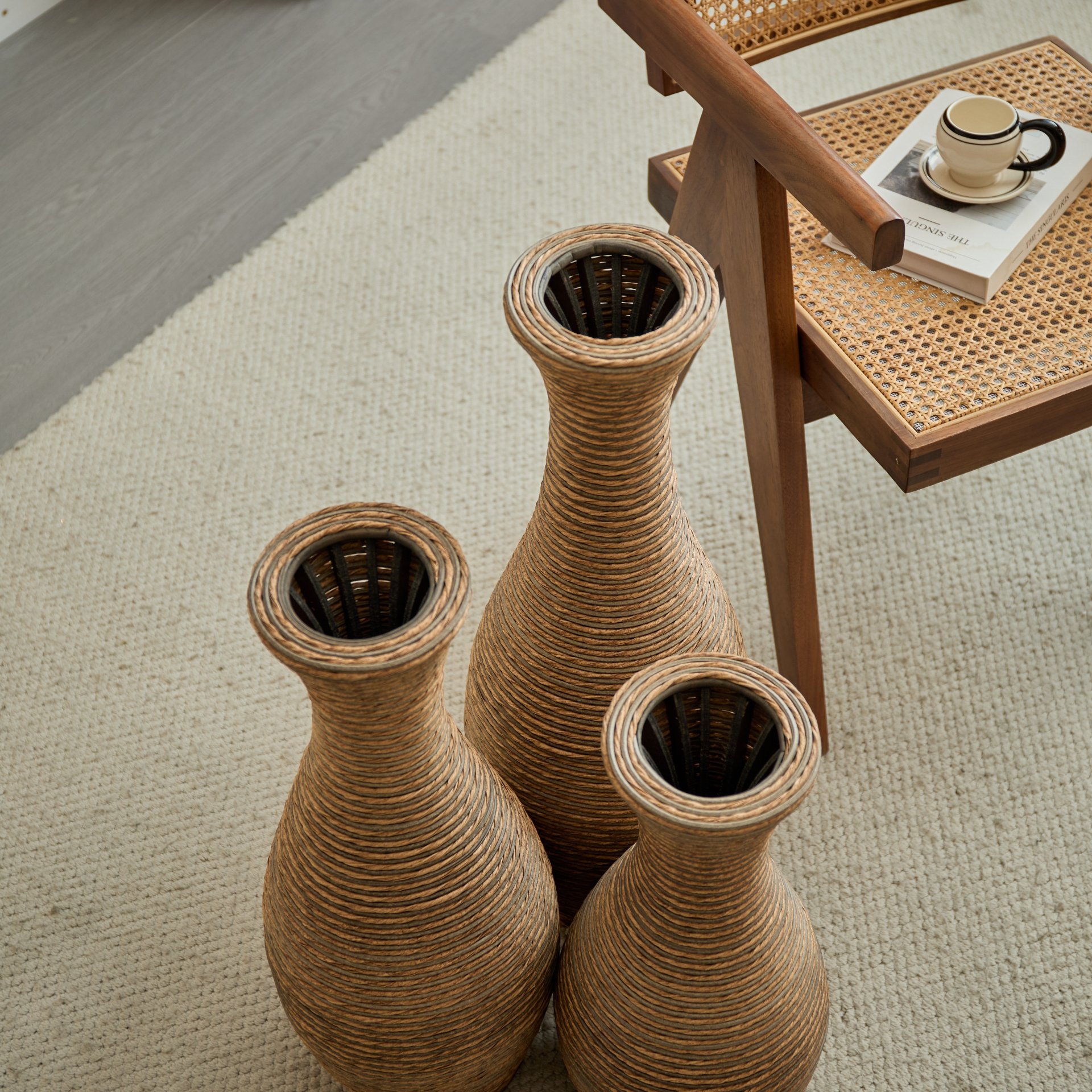 3 Piece Artificial Rattan Floor Vase Set Decorative Accent For Living Room, Hallway & Entryway, Ideal For Dried Or Silk Flower Arrangements - Beige - Image 10