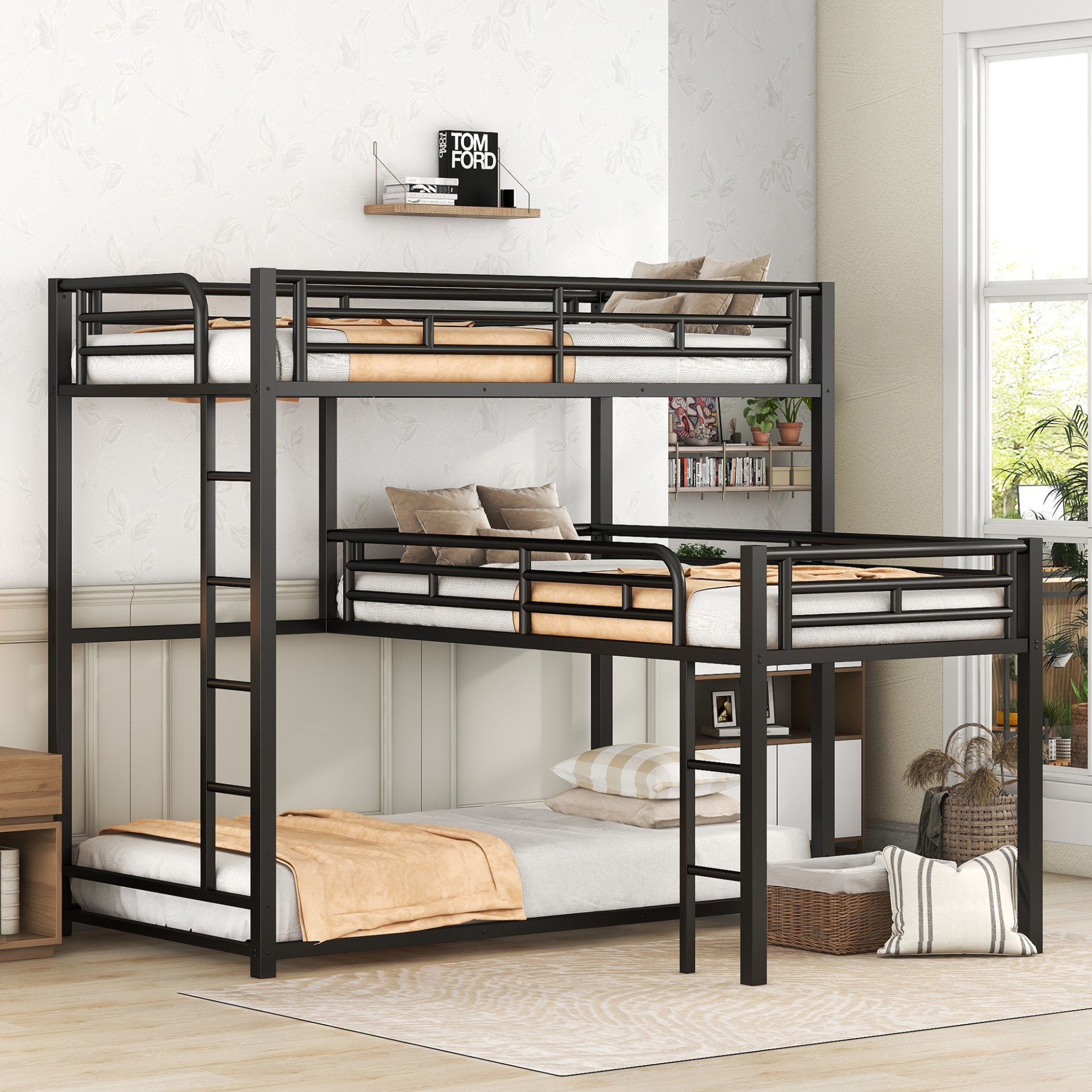 L-Shaped Triple Twin Size Bunk Bed, Industrial Design With Integrated Ladder And Full Length Guardrails - Black - Image 5