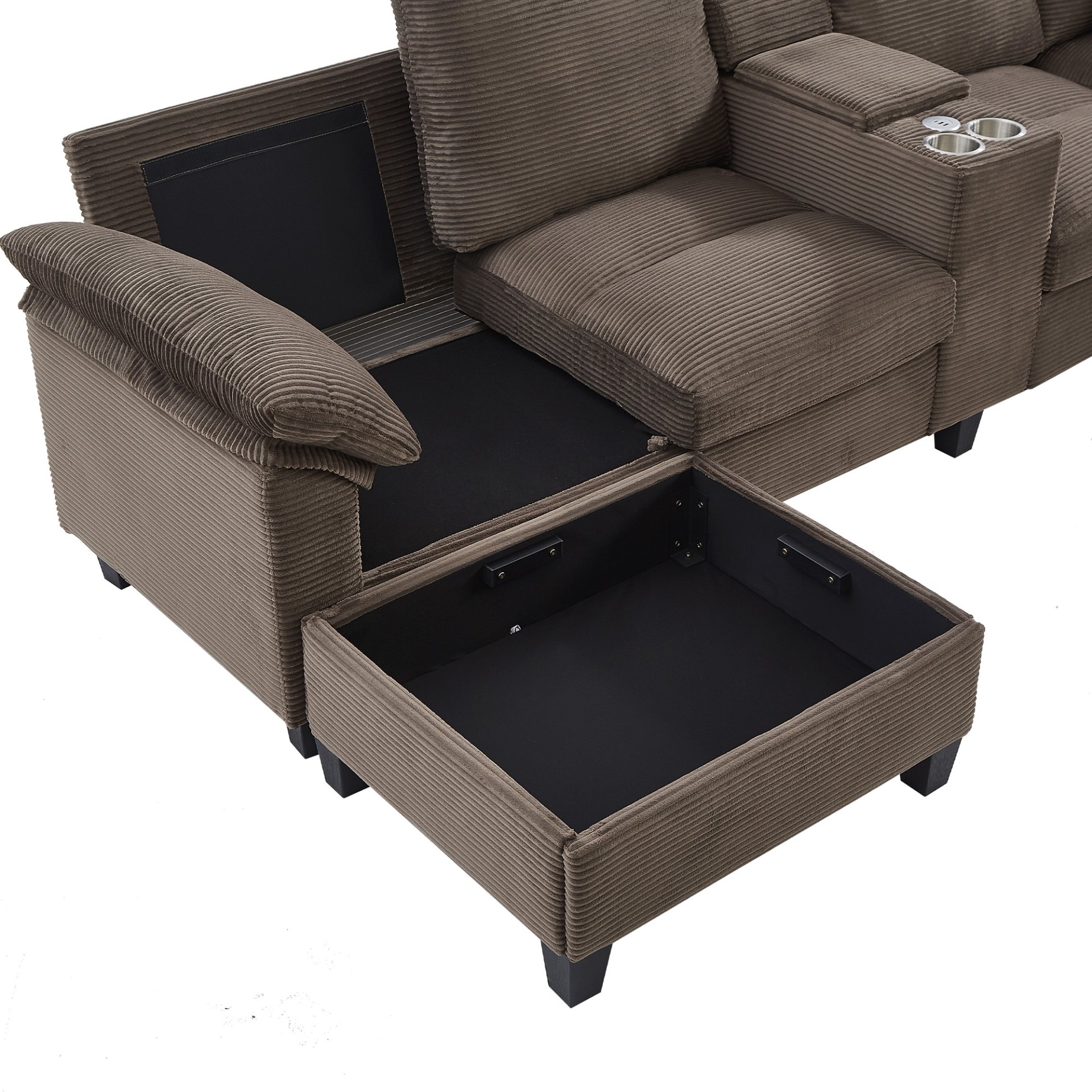 U-Shaped Sectional Sofa, Hidden Storage Ottomans, USB Ports, And Cup Holders - Brown - Image 12
