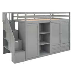 Twin Size Loft Bed With 3 Shelves, 2 Wardrobes, 2 Drawers, Ladder Storage, No Box Spring Needed - Gray