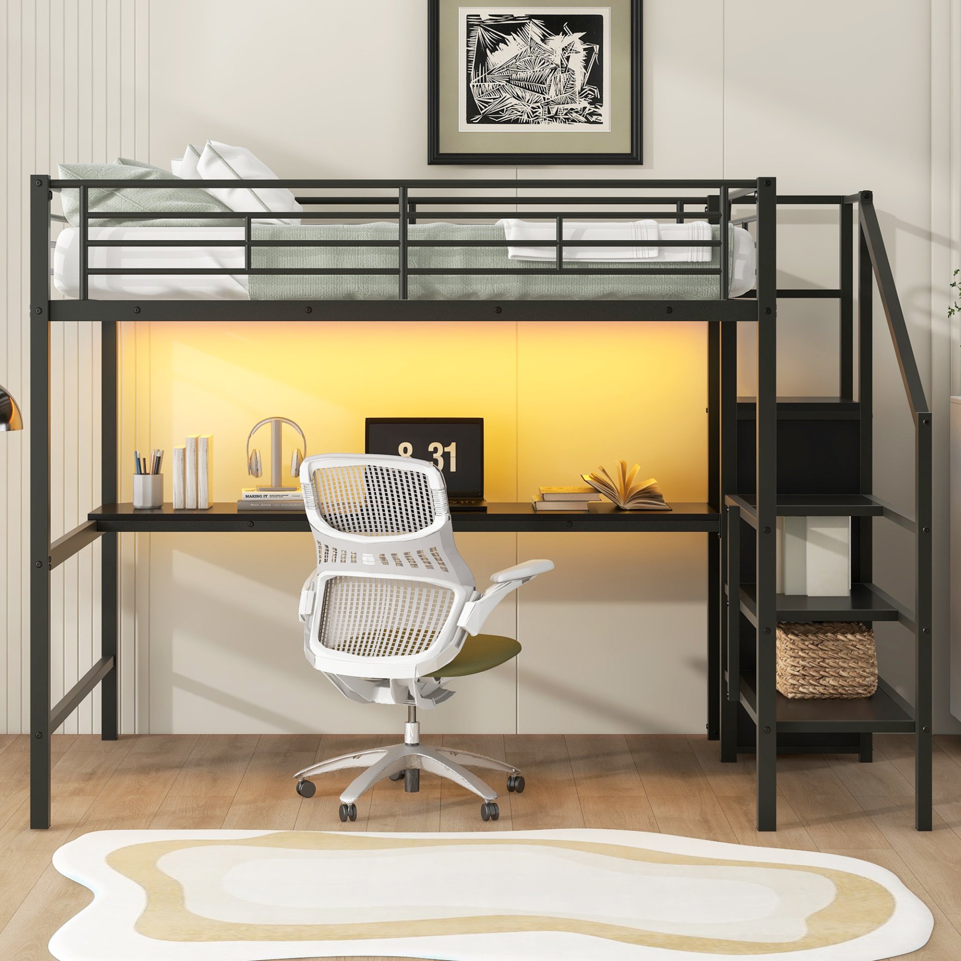 Full Size Loft Bed With Desk, Storage Staircase, Small Wardrobe And LED Light - Black - Image 5