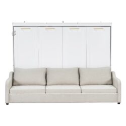 Queen Size Murphy Cabinet Bed With Folding Sofa, Built In Storage Shelves And LED Light - Beige