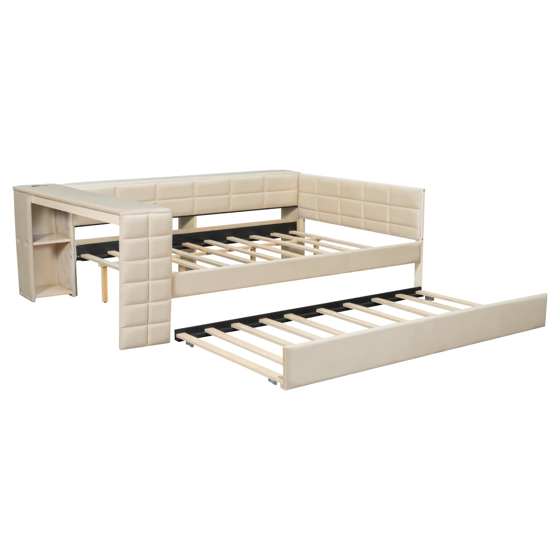 Upholstered Full Size Platform Bed With Storage Shelves, Desk, Charging Station And Trundle - Beige - Image 15