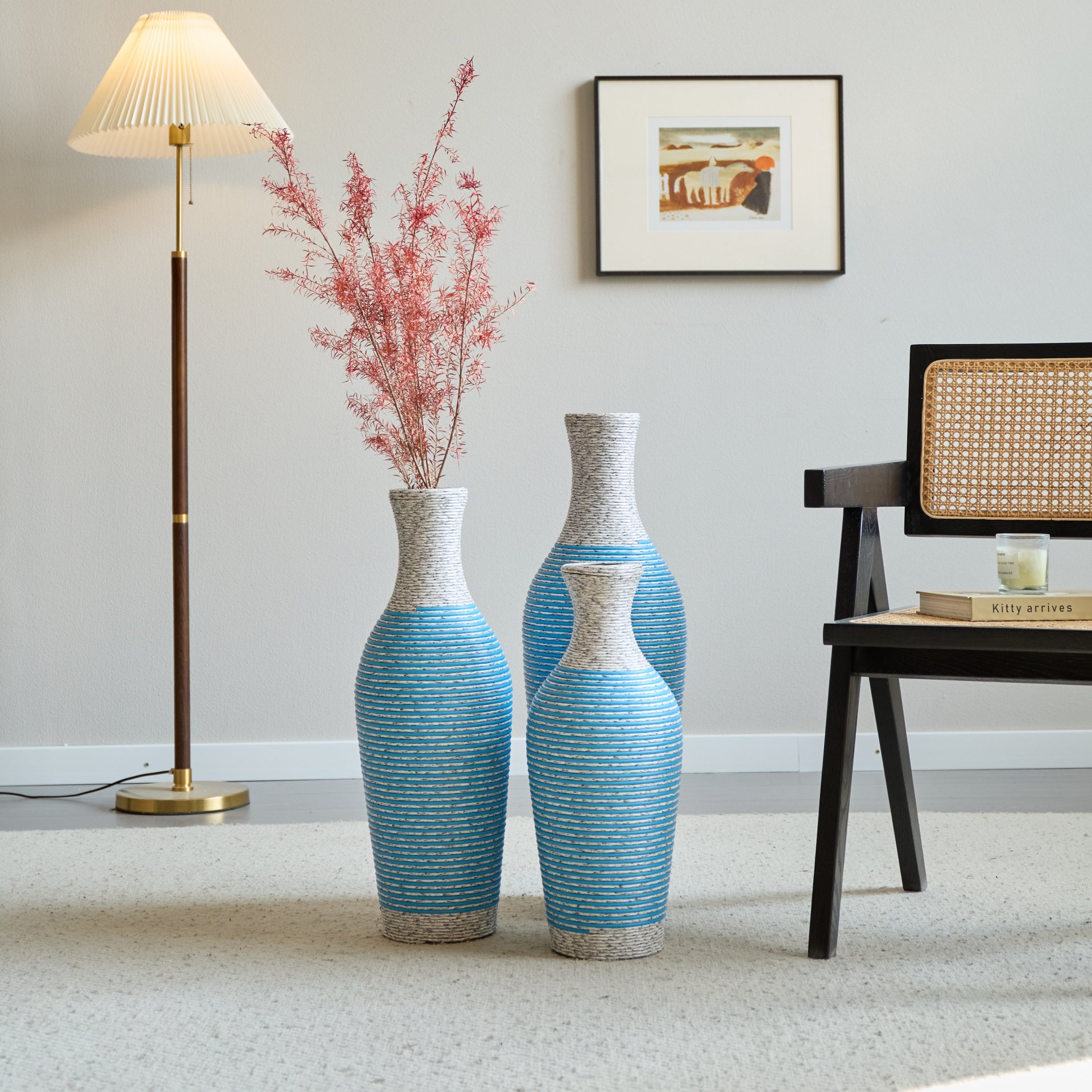 Desktop Vase, Classic And Neat Floor Vase, High Independent Flower Stand, Home Decoration Flower Stand (Set of 3) - White / Blue - Image 11