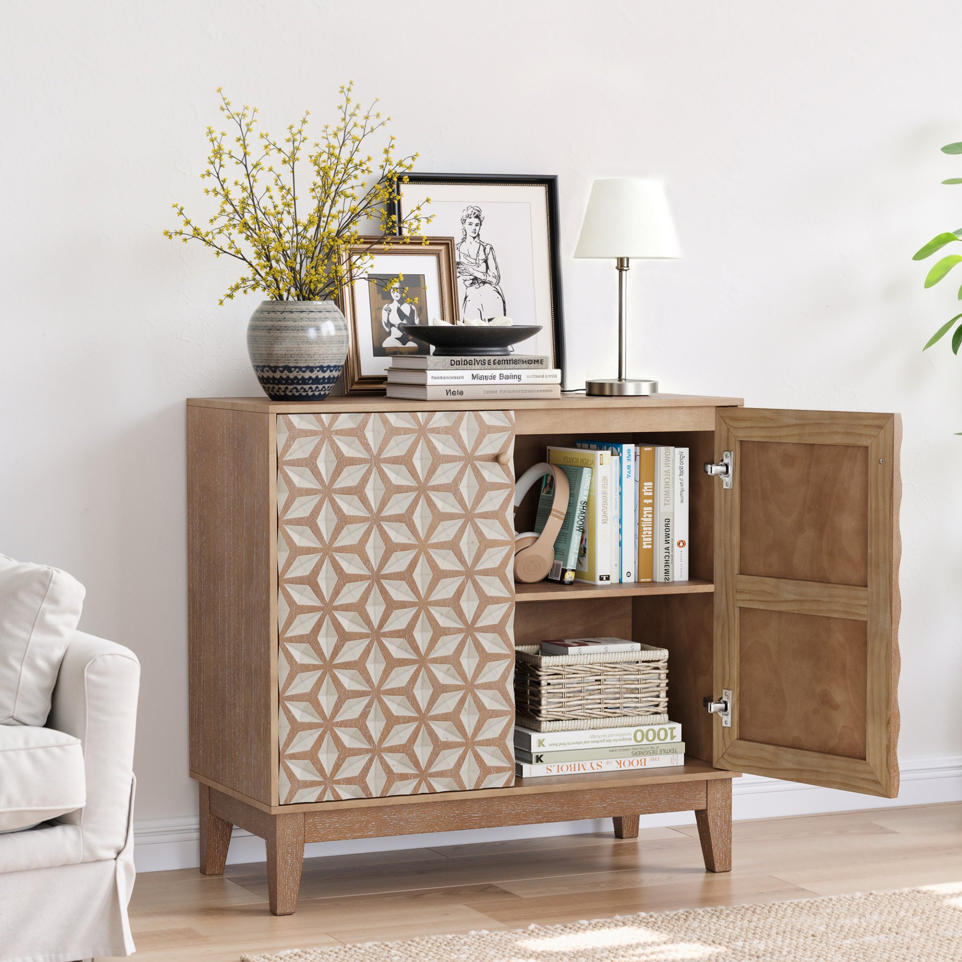 Geometric Design Sideboard With 2 Doors And Adjustable Shelves - Tangerine / Walnut - Image 5