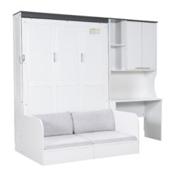 Multi Functional Murphy Bed With Sofa, Desk, And Storage Cabinet In, Full Size - White