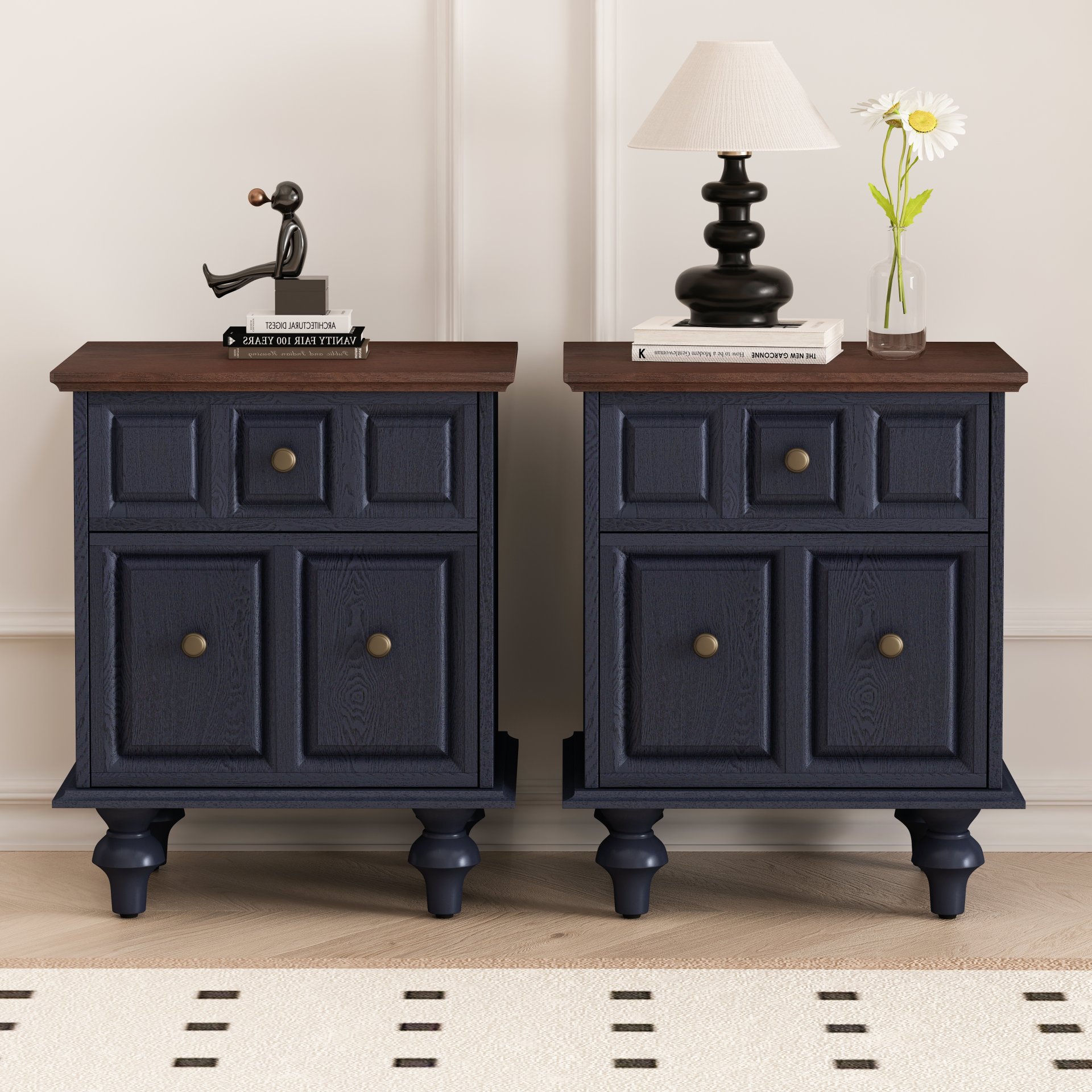 Nightstand With 2 Drawers And Roman Column Legs - Dark Blue - Image 6