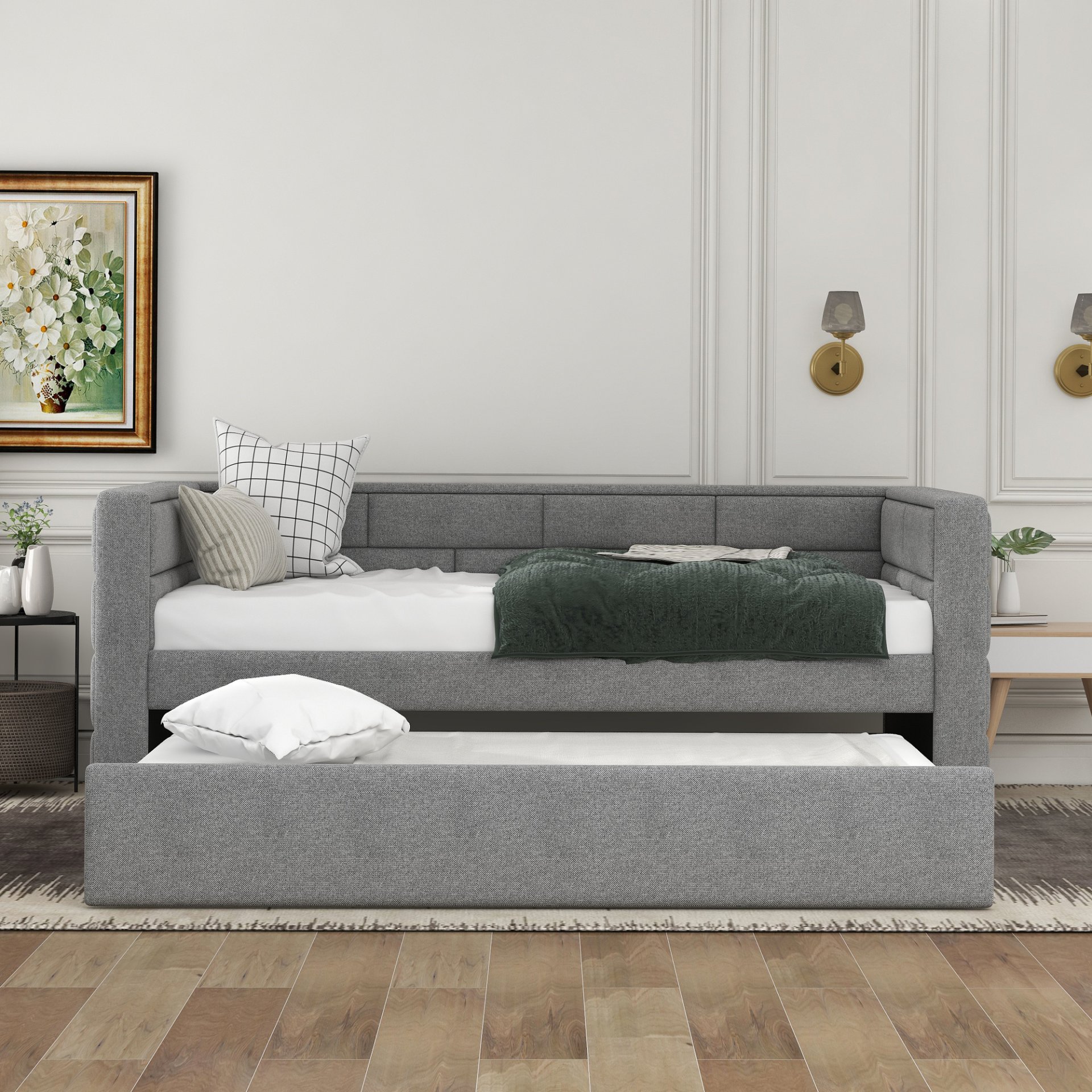 Upholstered Twin Size Daybed With Trundle, Padded Back And Sides - Gray - Image 4