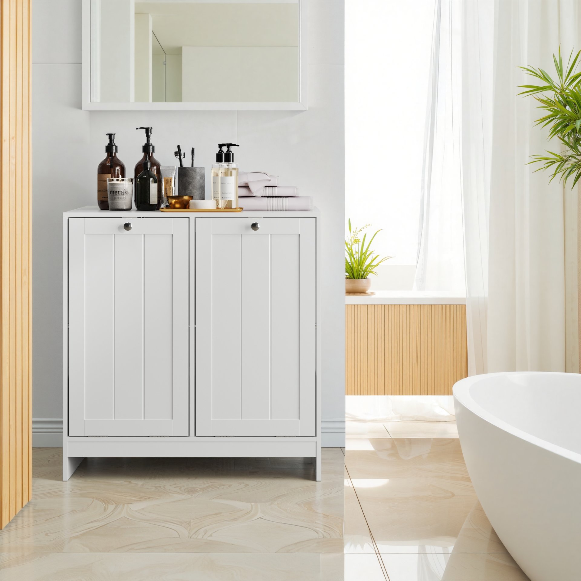 Tilted Laundry Hamper With Removable Basket, Hidden Laundry Hamper, Bathroom Storage Cabinet, Free Standing Organizer - White - Image 8