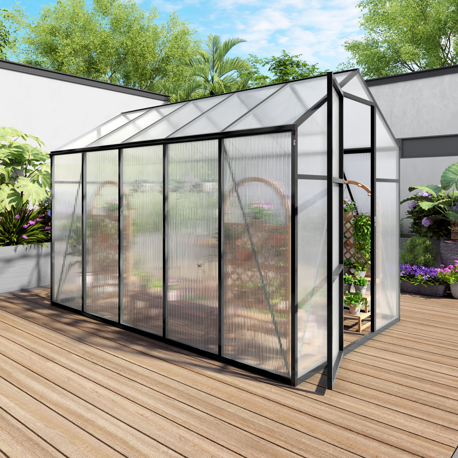 Gain Height Windproof Greenhouse 6 X 10 Ft Polycarbonate With Raised Base And Anchor Alloy Frame, All Season Outdoor Garden Structure - Black - Image 7