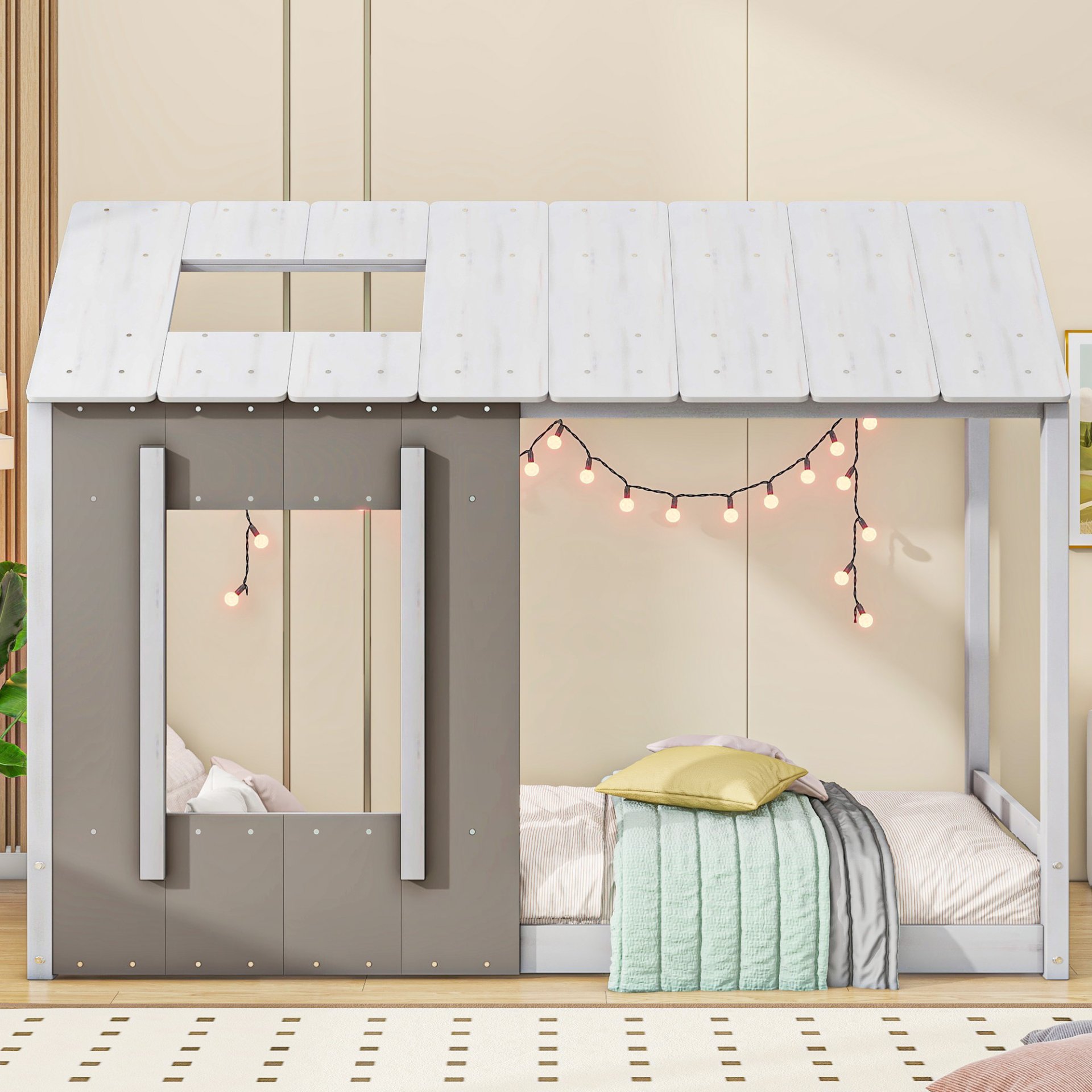 Twin Size House Platform Bed With Roof And Window - Natural / White - Image 2