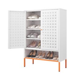 Grid - Double Door Shoe Cabinet With Adjustable Compartments And Moisture Proof Design In Metal - White