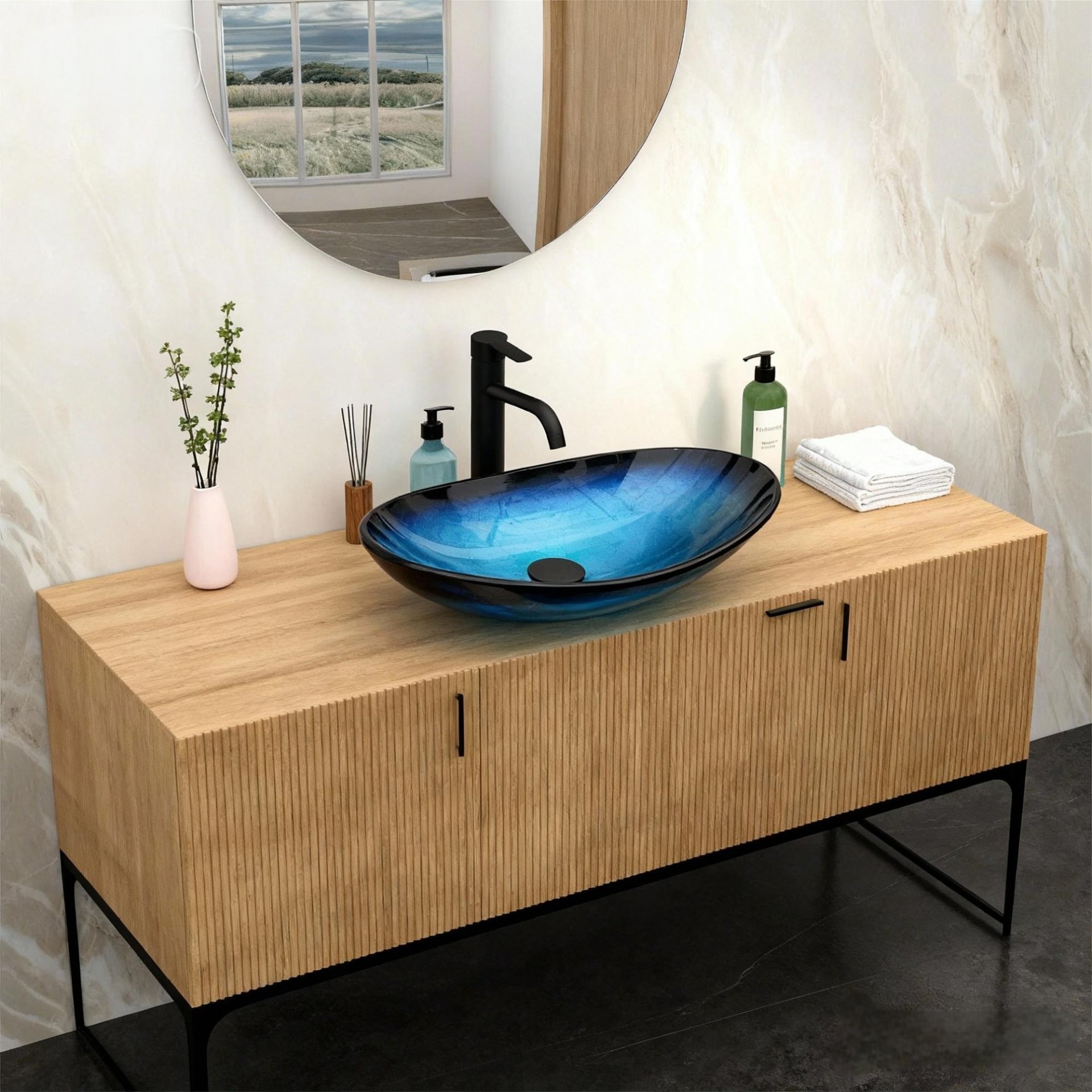 Vessel Sink With Pop Up Drain, Boat Shape Above Counter Bathroom Sink - Blue - Image 2
