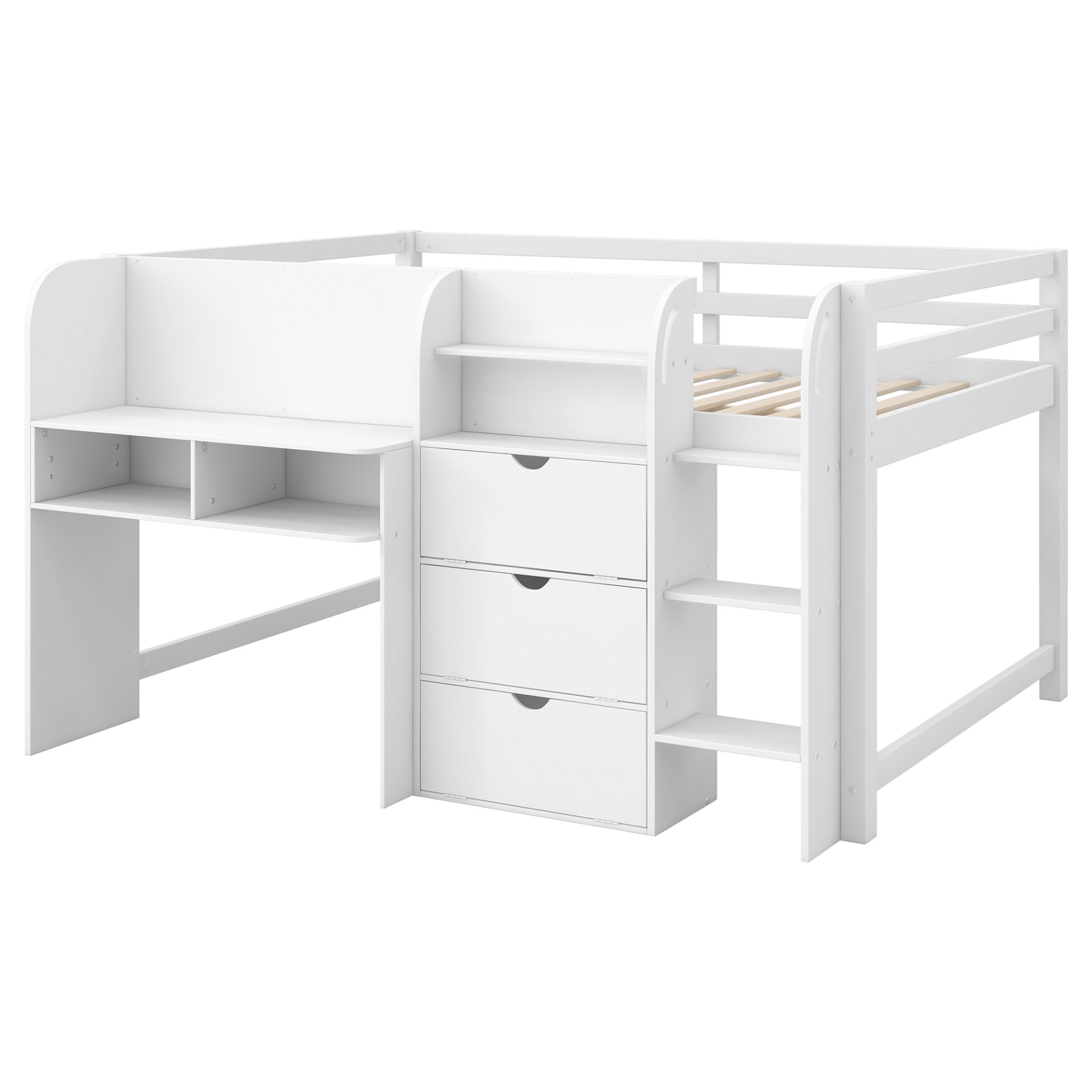 Full Size Low Loft Bed With Built In Desk, Storage Cabinets, Open Bookcase And Doodle Blackboard - White - Image 11