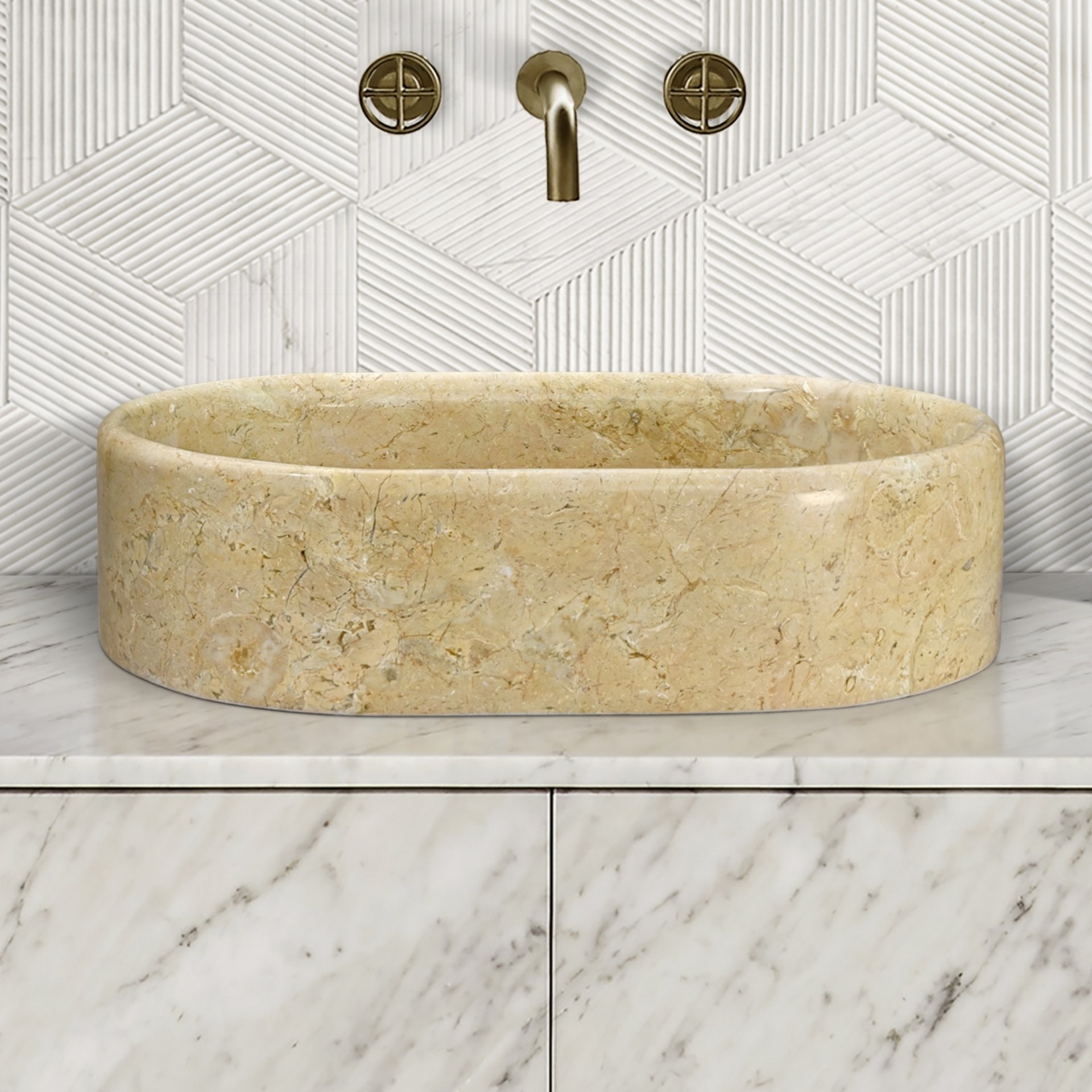Vessel Sink, Semi Polished Surface, Genuine Real Marble, Oval Shape - Beige / Gold - Image 2
