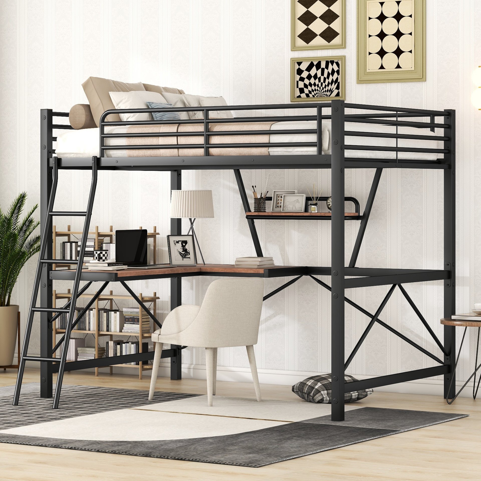 Full Size Loft Bed With Desk And Shelf - Black - Image 5
