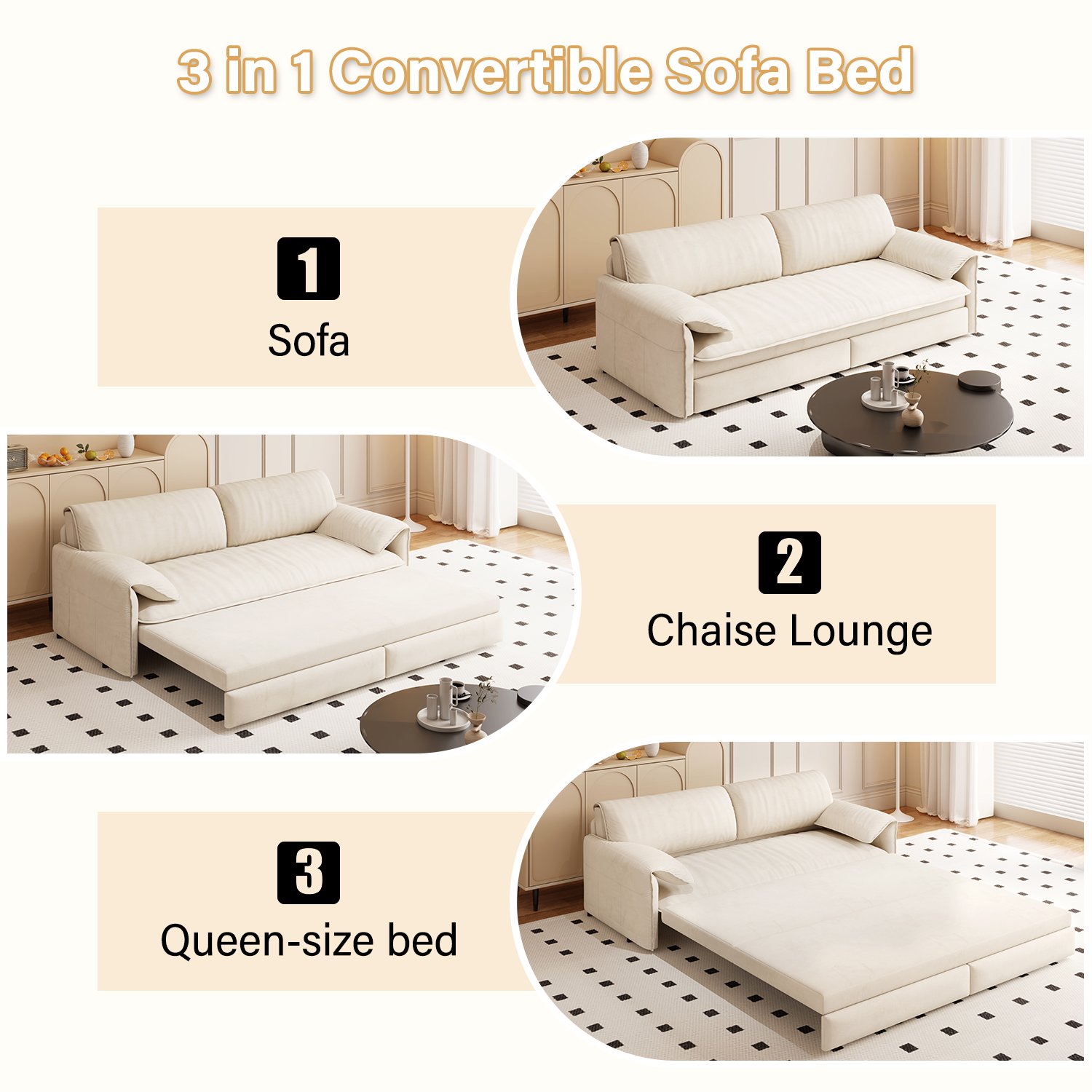 Queen Pull Out Sofa Bed, 3 In 1 Convertible Sleeper Sofa With Side Storage - Beige - Image 8