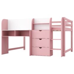 Full Size Low Loft Bed With Built In Desk, Storage Cabinets, Open Bookcase And Doodle Blackboard - Pink