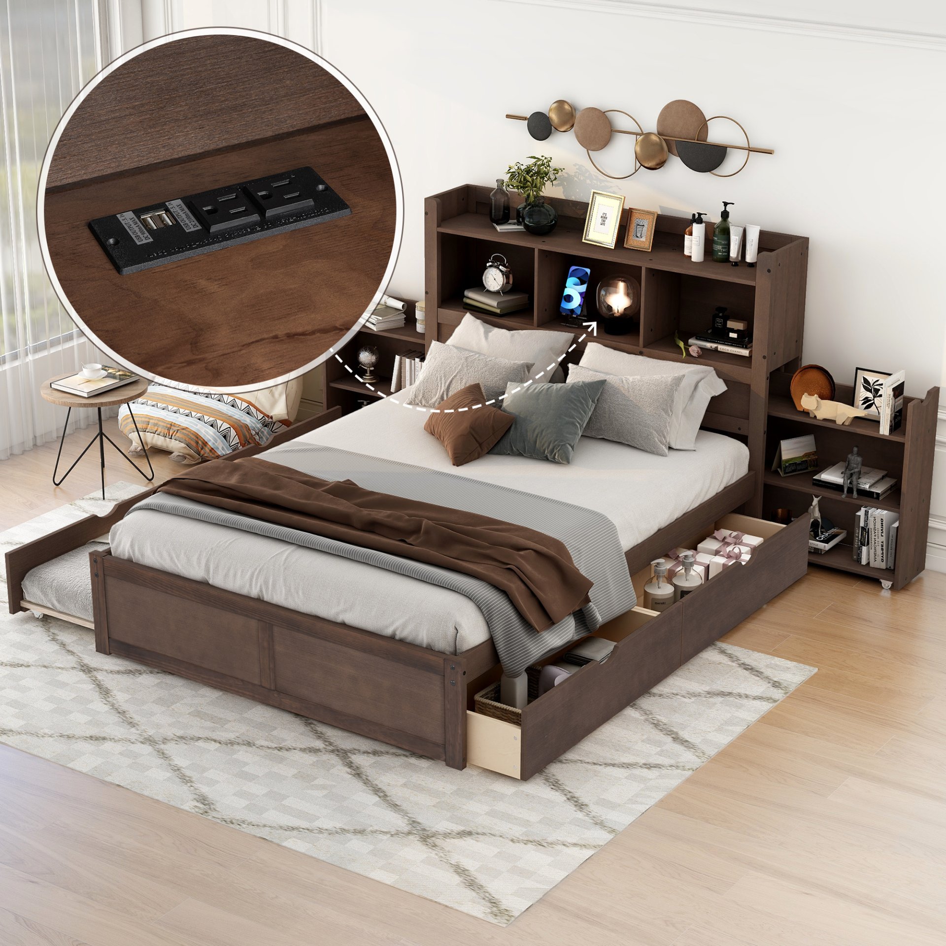Full Size Storage Platform Bed With Pull Out Shelves, Twin Trundle, And 2 Drawers - Espresso - Image 4