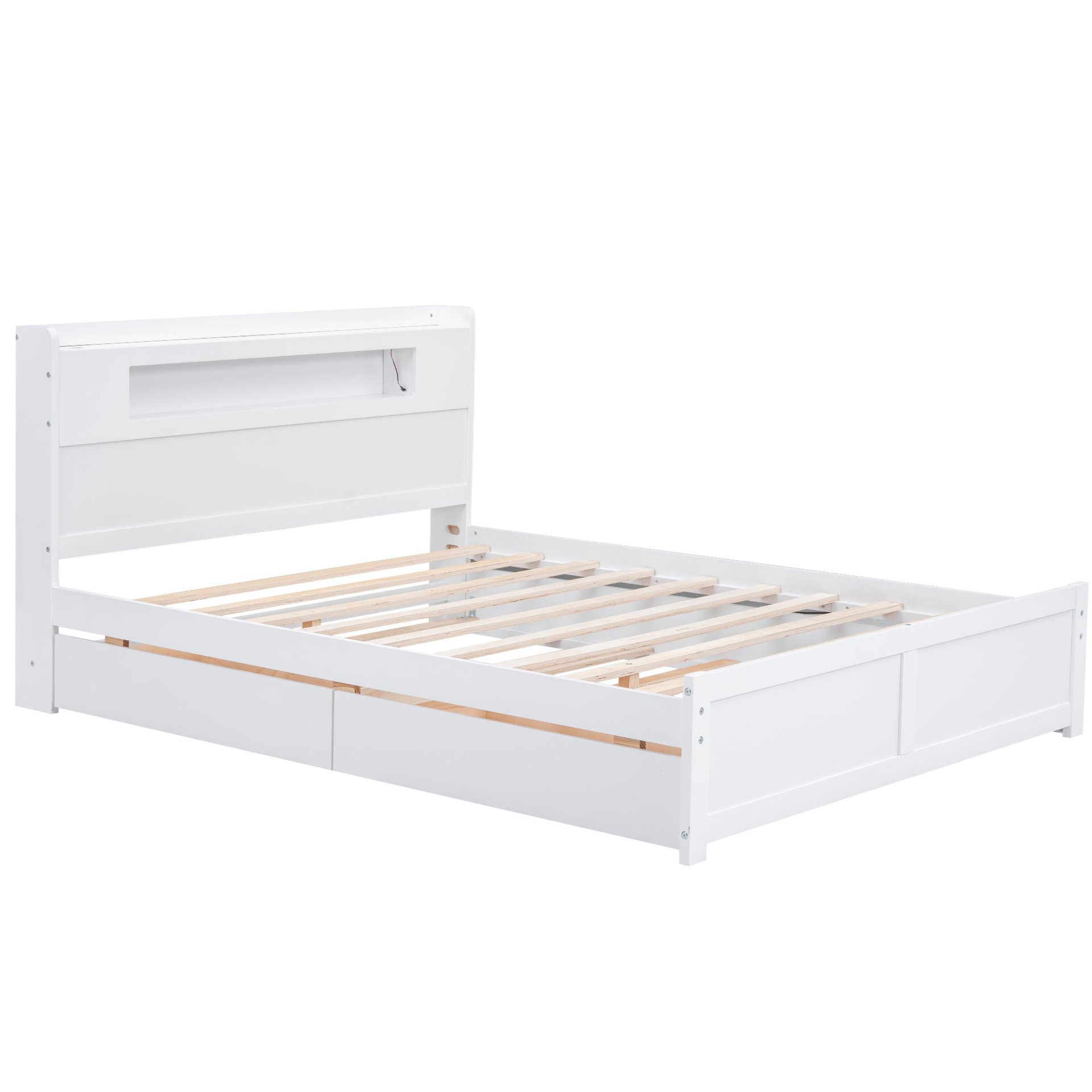Queen Size Storage Platform Bed With LED Lights, 2 Drawers And Twin Trundle - White - Image 9