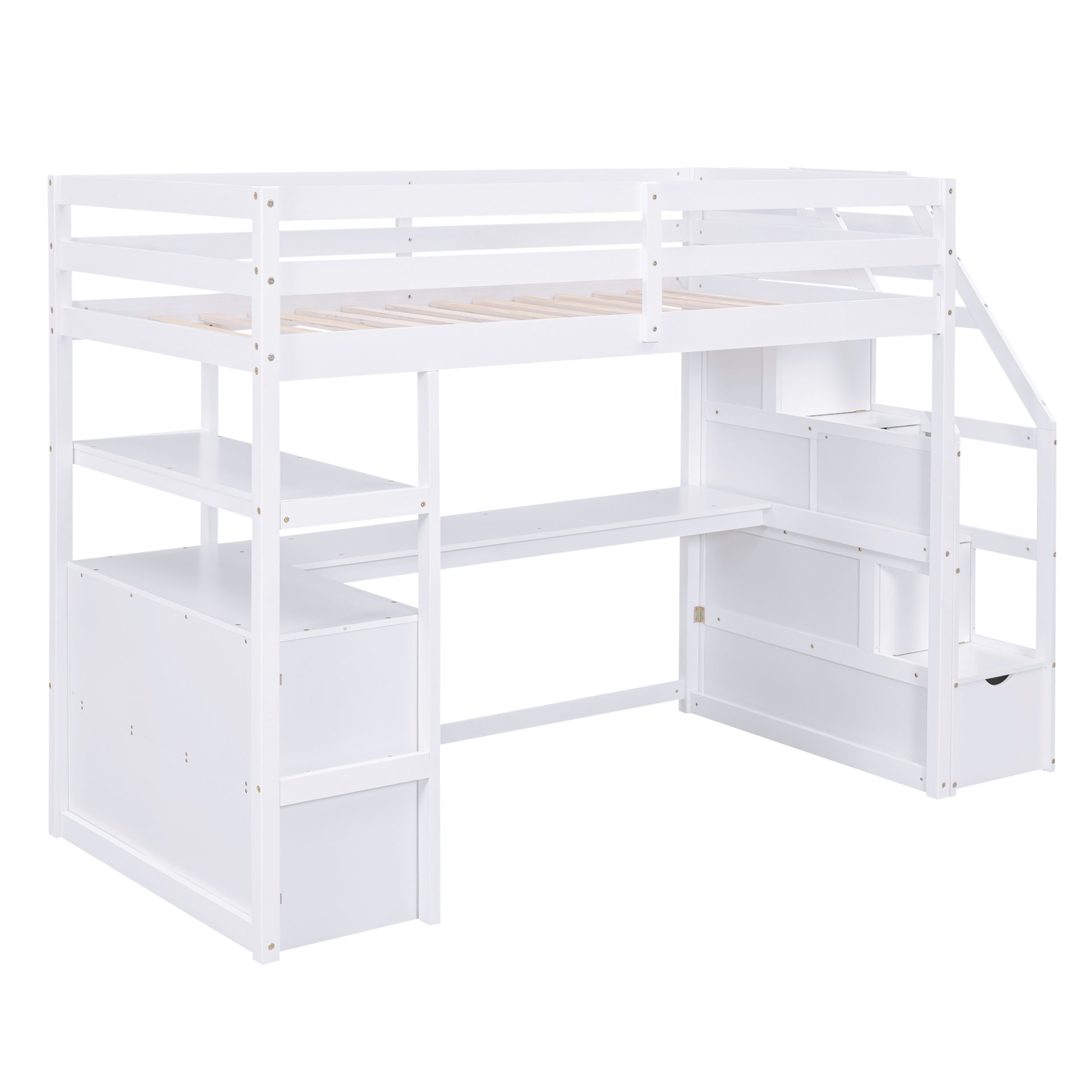 Twin Size Loft Bed With Built In Desk, Shelves, Drawers, And Storage Staircase - White - Image 8