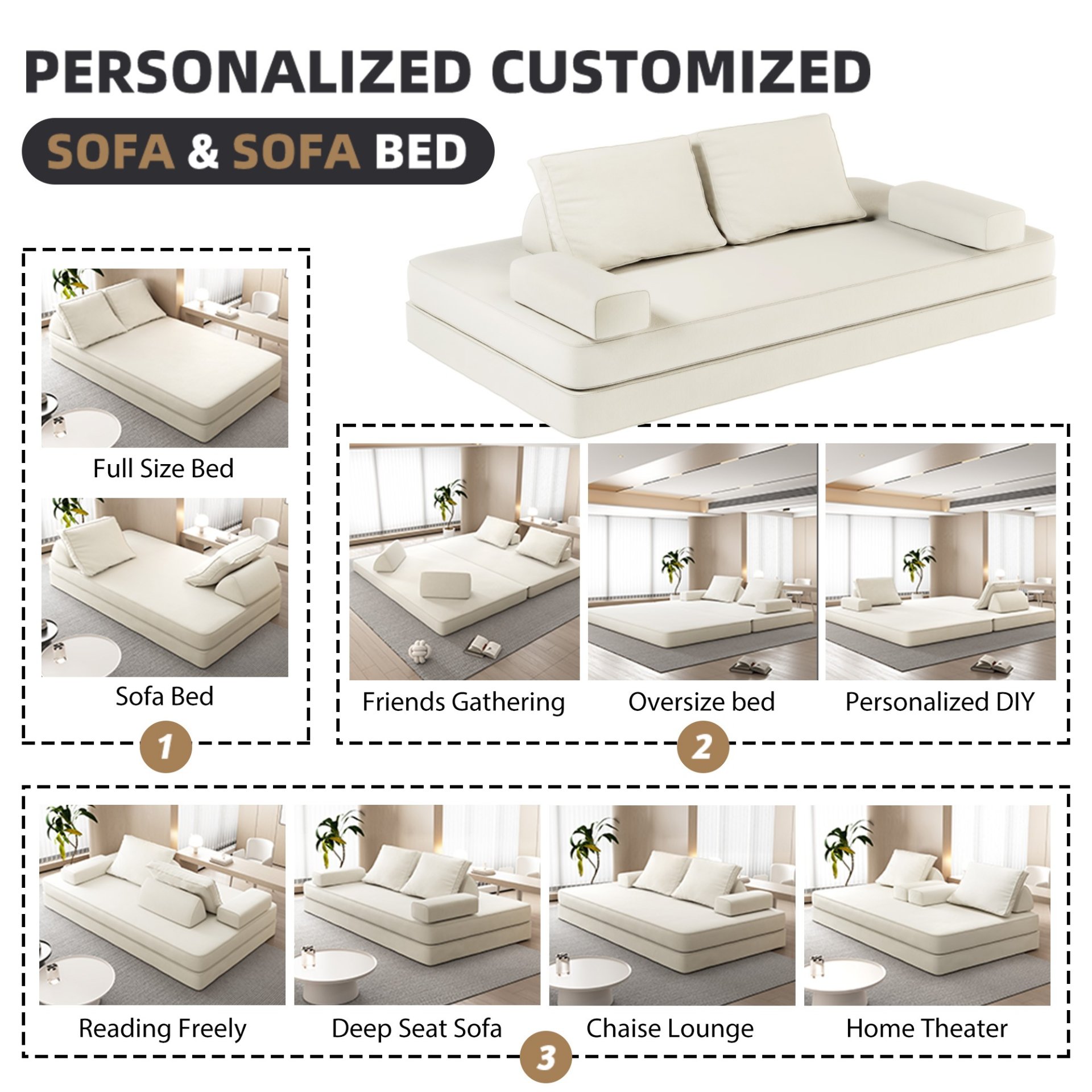 Multifunctional Convertible Sofa Bed With 2 Tumbler Backrests And 2 Pillows, Diy Modern Upholstered Couch - Beige - Image 17