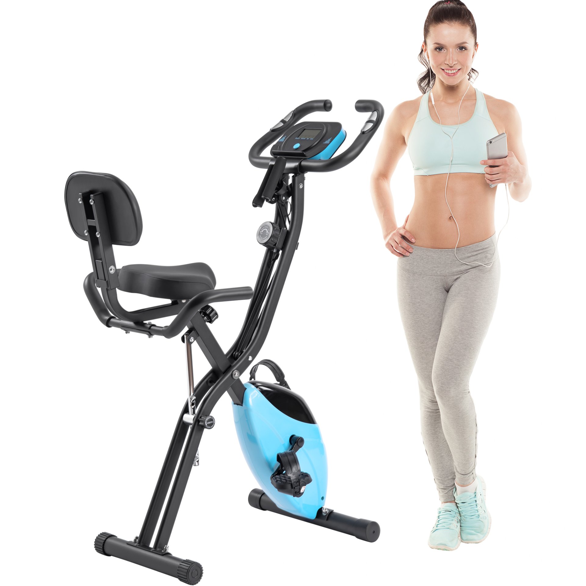 Workout Bikes, Folding Stationary For Home With 16 Level Magnetic Resistance, Indoor Exercise Equipment With Heart Rate Sensor & LCD Monitor - Light Blue - Image 4