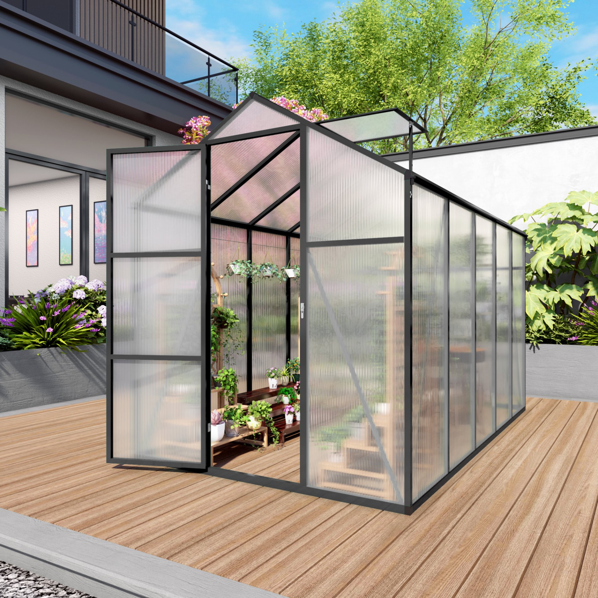 Gain Height Windproof Greenhouse 6 X 10 Ft Polycarbonate With Raised Base And Anchor Alloy Frame, All Season Outdoor Garden Structure - Black - Image 4