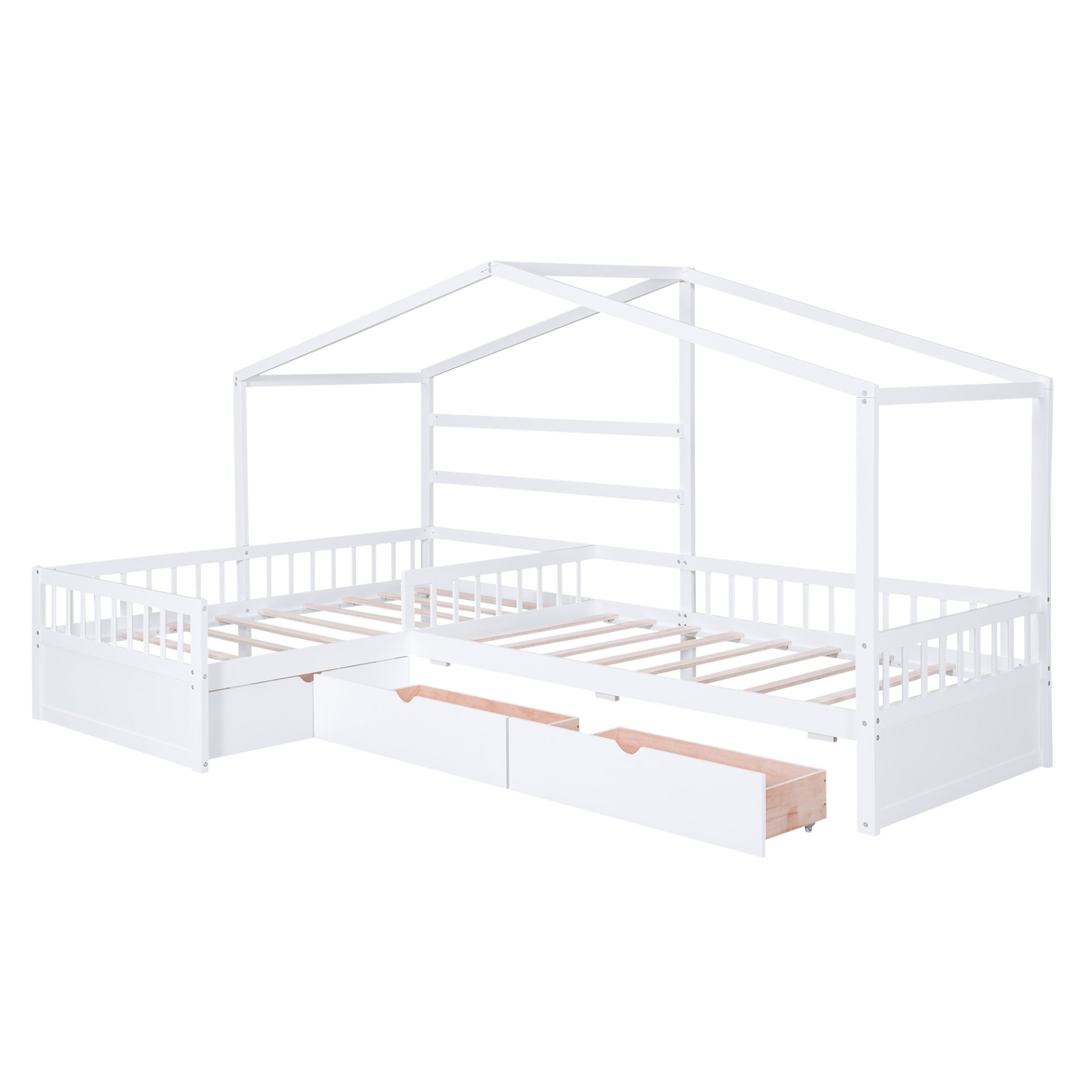 L-Shape Twin Platform Bed With 3 Storage Drawers - White - Image 8