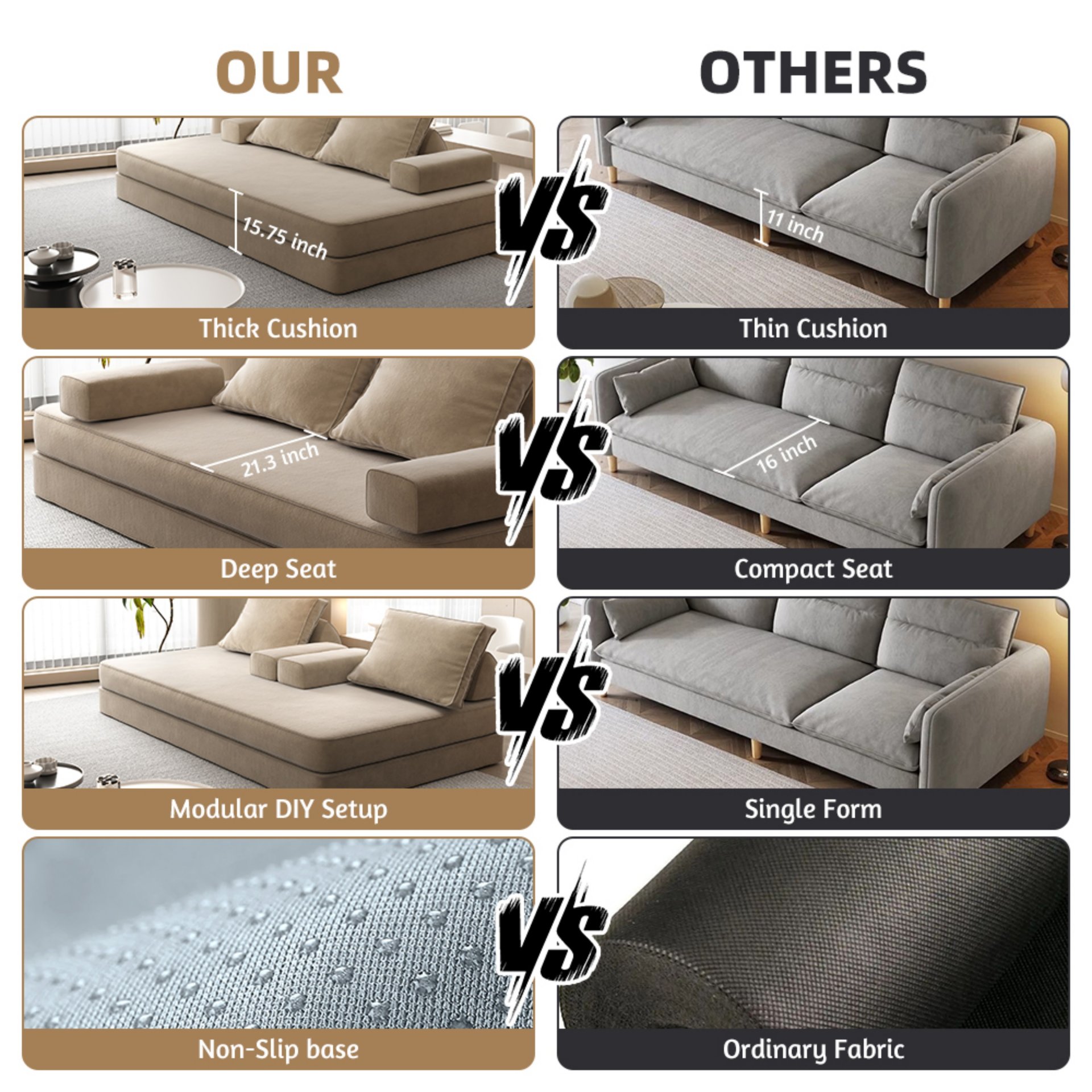 Multifunctional Convertible Sofa Bed With 2 Tumbler Backrests And 2 Pillows, Diy Modern Upholstered Couch - Camel - Image 19