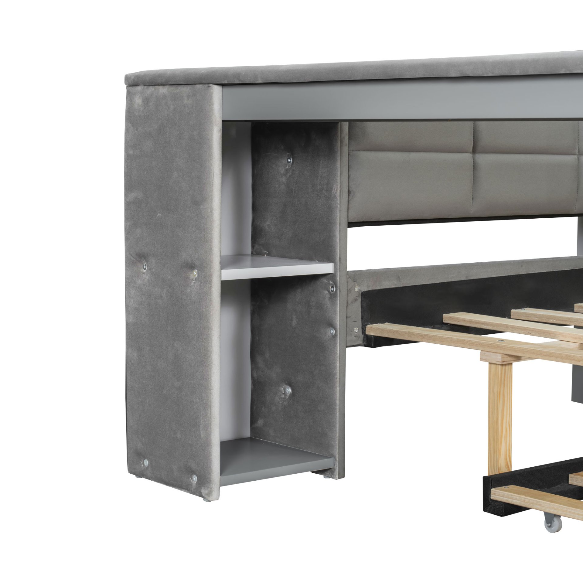 Upholstered Full Size Platform Bed With Storage Shelves, Desk, Charging Station And Trundle - Gray - Image 12
