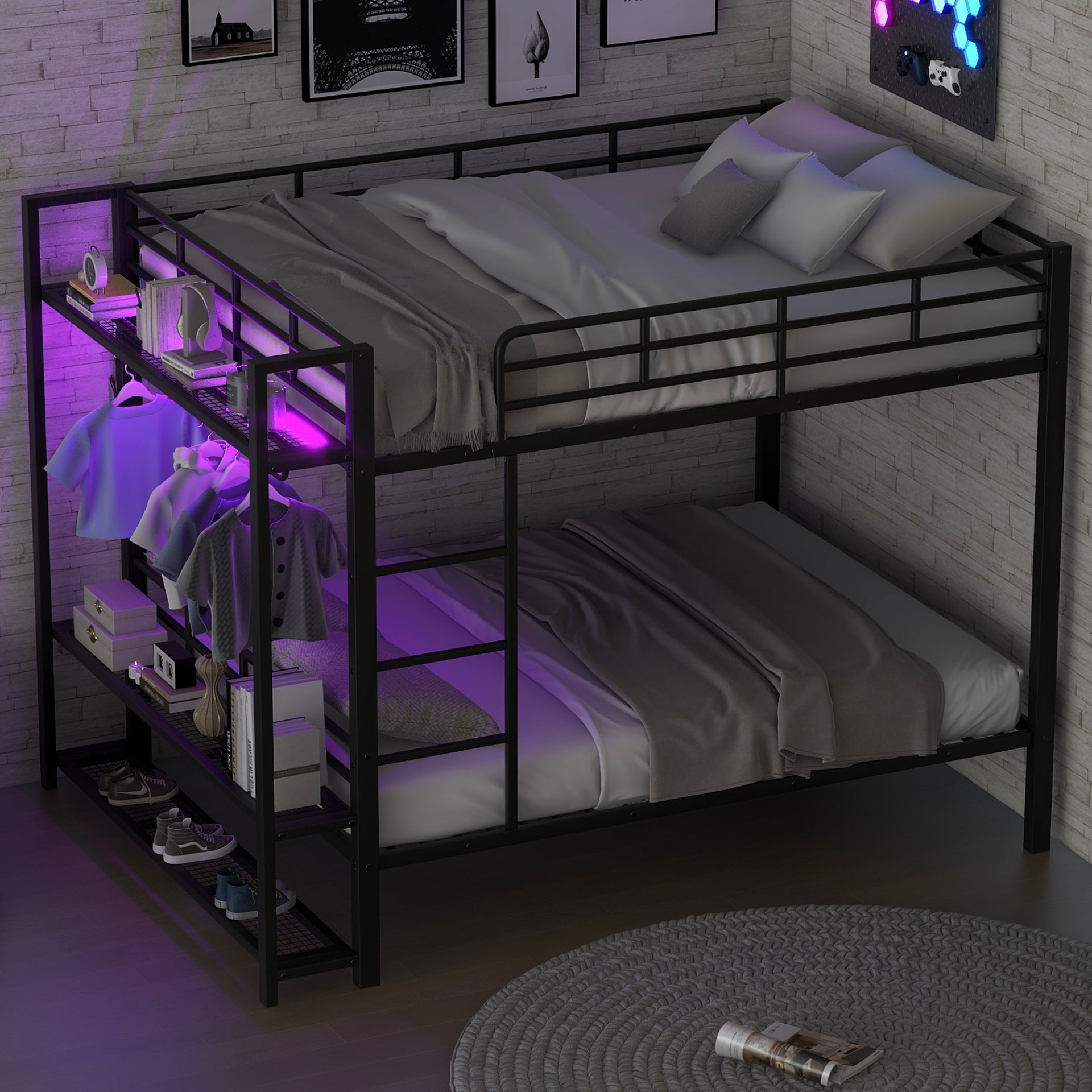 Full Size Bunk Bed With Storage Mesh Shelves, Clothes Hooks, LED Light - Black - Image 7
