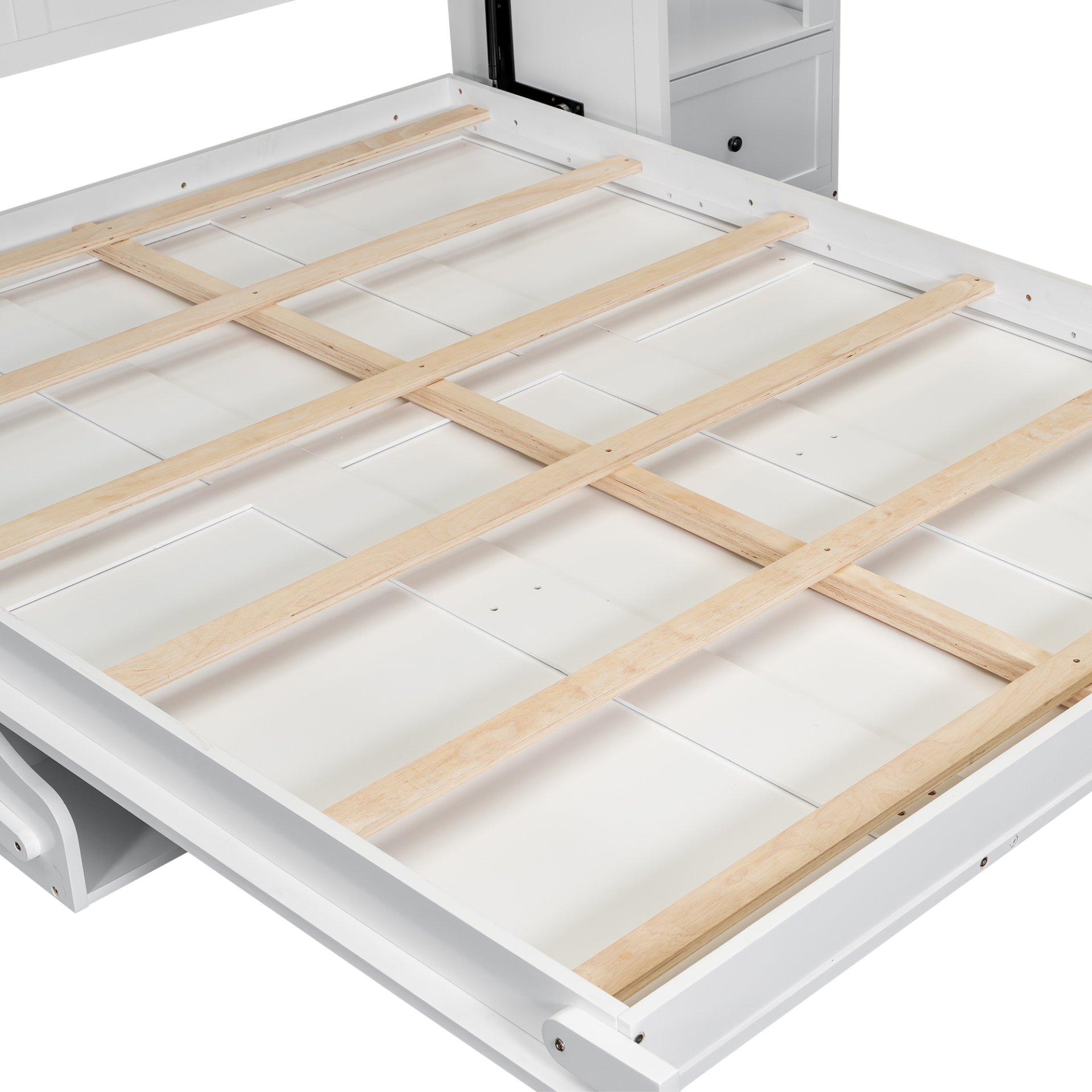 Queen Size Murphy Platform Bed With Shelf, Side Cabinets, Drawers And LED - White - Image 10