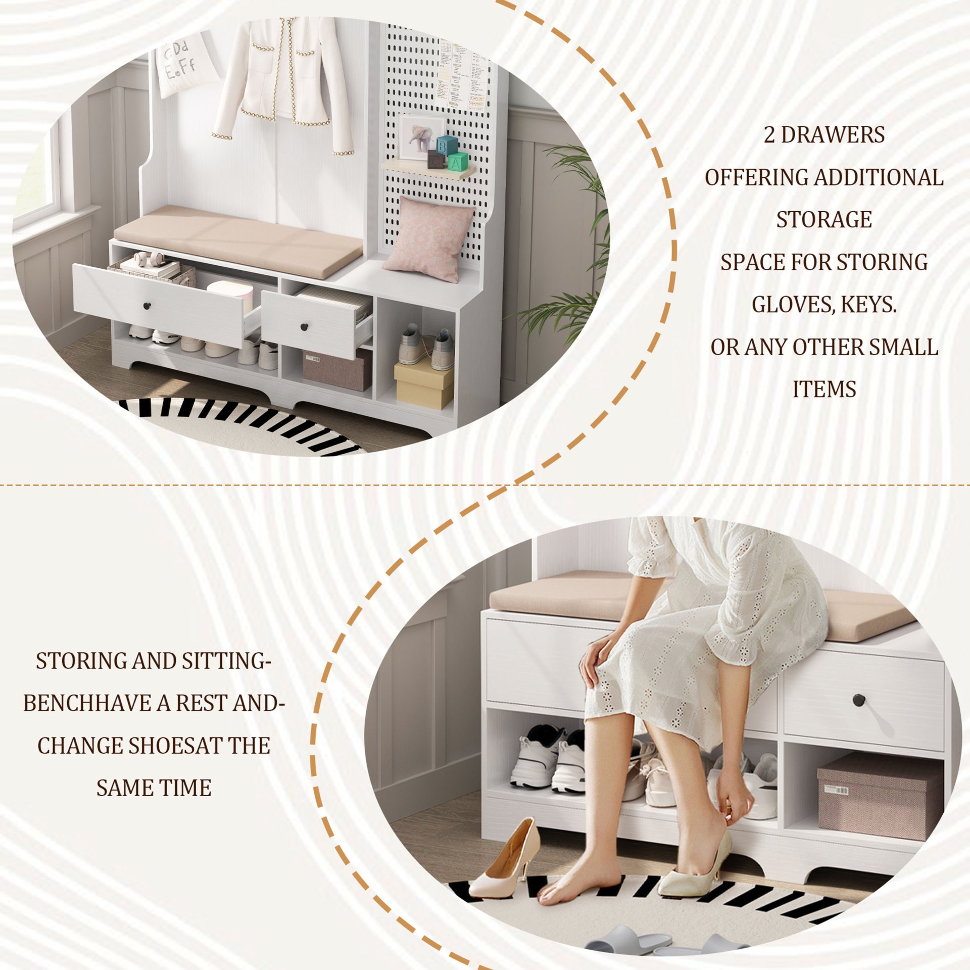 Hallway Hall Tree With Removable Cushion Bench, Coat Rack, Storage Shelves - White - Image 7