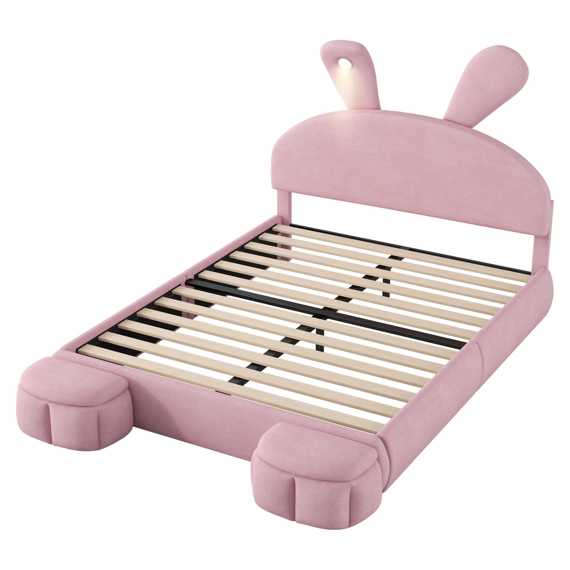 Full Size Upholstered Platform Bed With Cartoon Ears Headboard And Built In LED Light - Pink - Image 13
