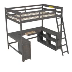 Full Size Loft Bed & U-Shaped Desk, Drawers, And Storage Shelves - Antique Brown
