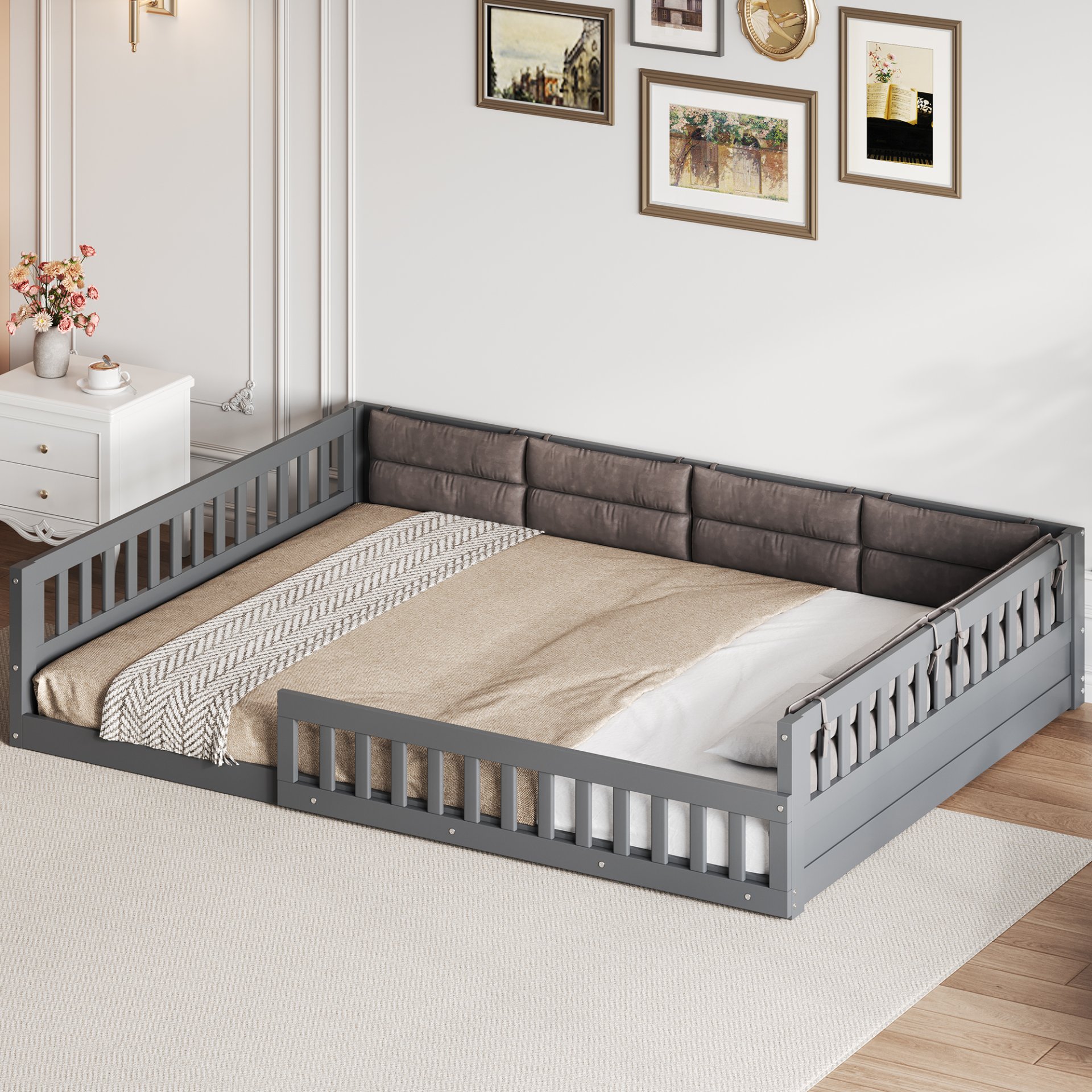 Upholstered Platform Bed With Guardrail And Pillow, Full Size - Gray - Image 4