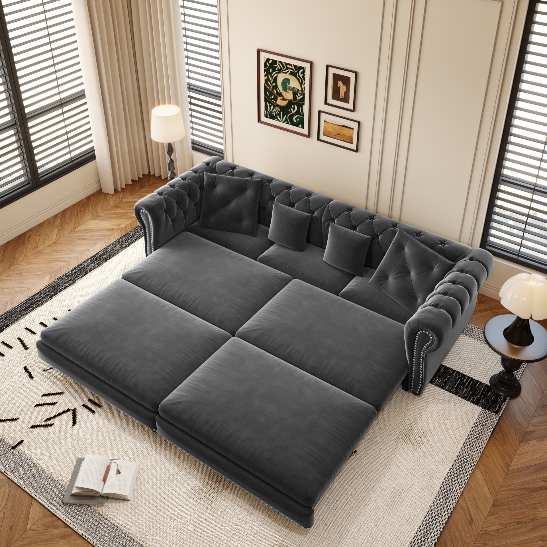 3 In 1 Pull Out Sofa Bed, Convertible Sleeper Sofa Bed, 3 Seater Sofa With Movable Ottoman - Gray - Image 6
