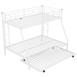 Twin Over Full Bunk Bed With Steel Frame And Twin Trundle, 2 Side Ladders - White