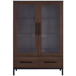 Modern Style Tall Display Cabinet With LED Lighting, Tempered Glass Door, 2 Drawers - Black / Dark Walnut