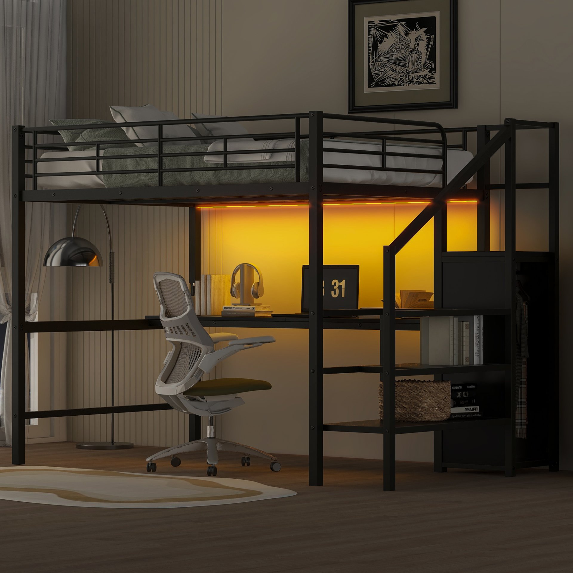Full Size Loft Bed With Desk, Storage Staircase, Small Wardrobe And LED Light - Black - Image 2