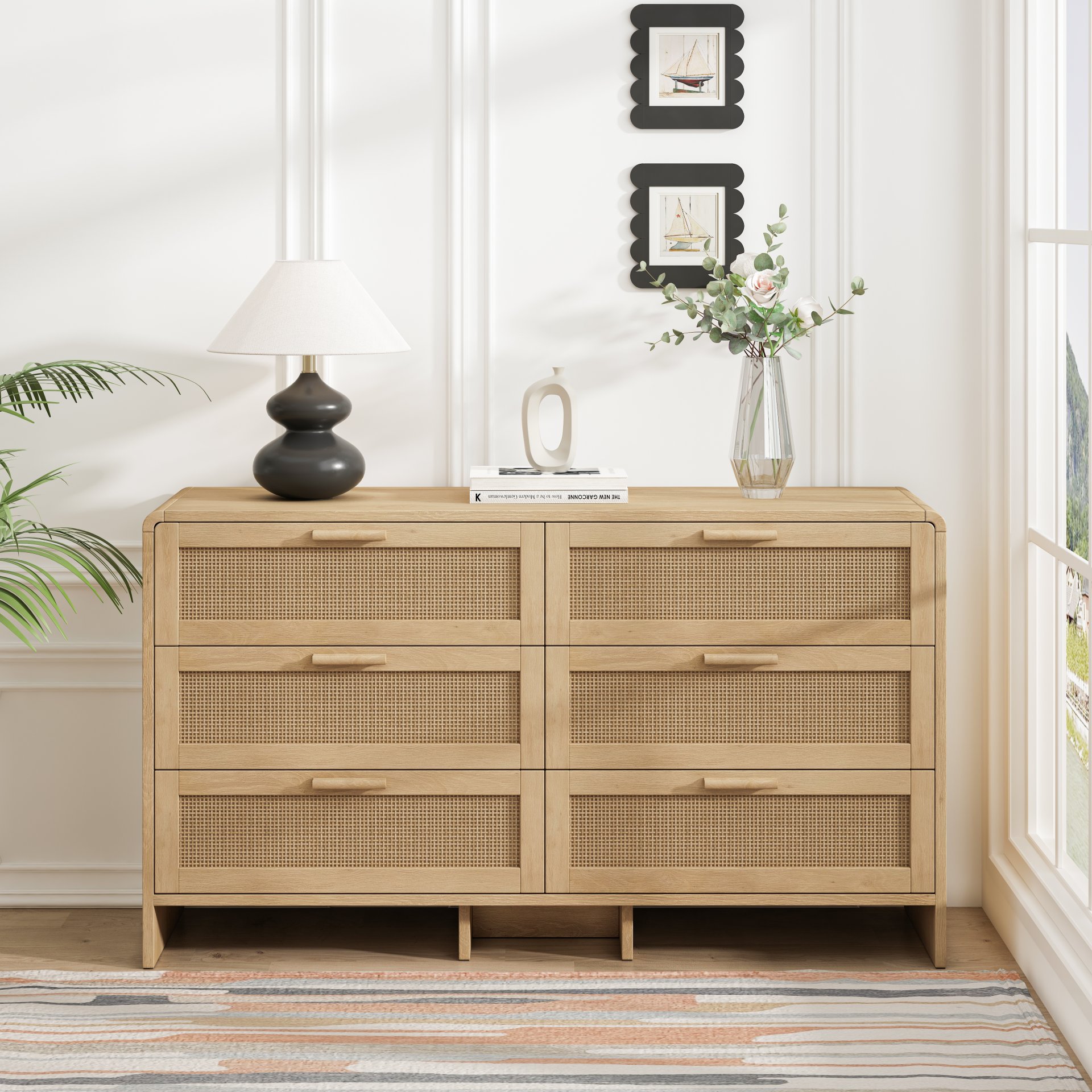 Arc Shaped Corner Rattan Cabinet With 6 Drawers - Natural - Image 4