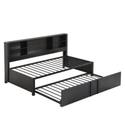 Twin Daybed With Trundle, Storage Shelves, USB Ports Frame - Black