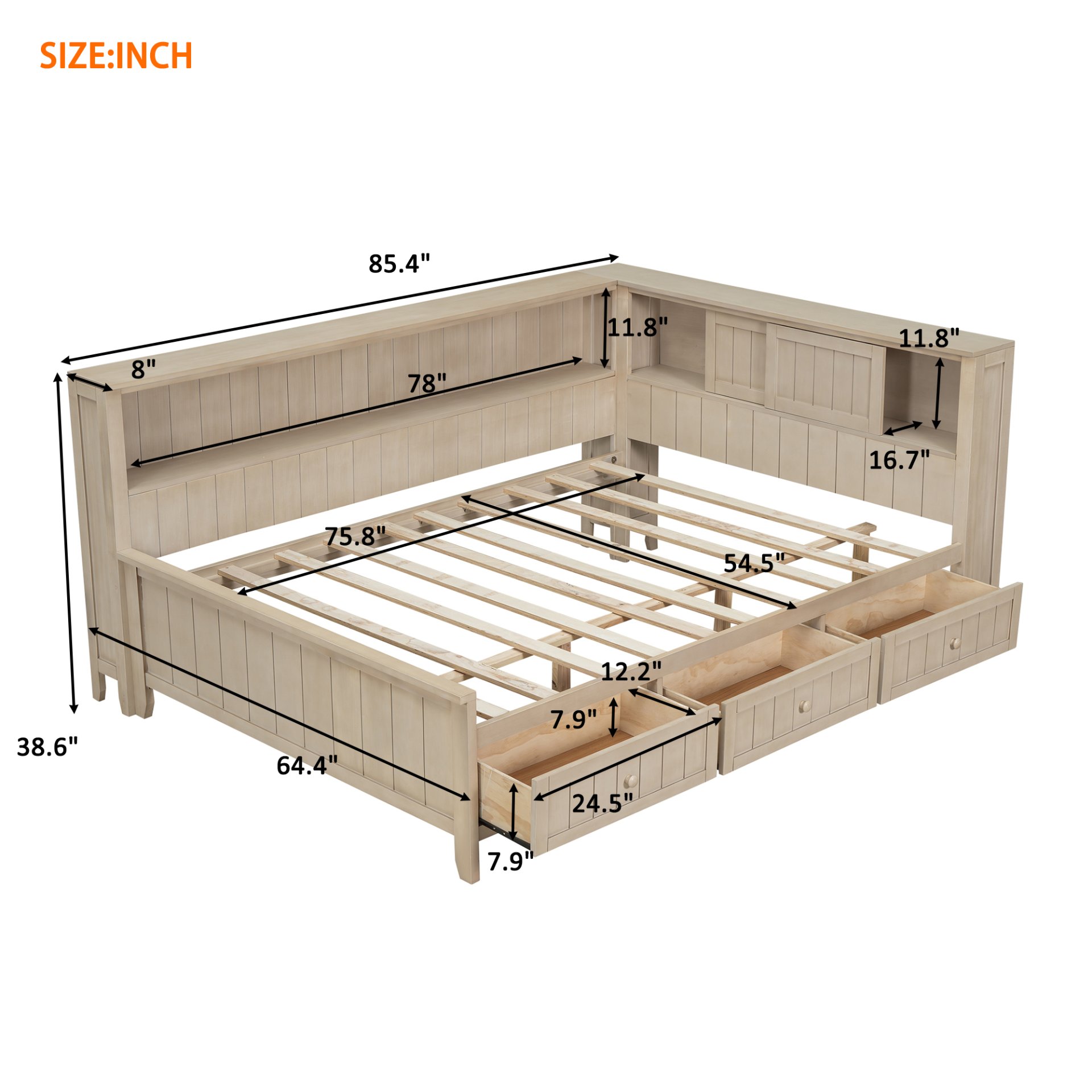Full Size Daybed With Storage Shelves And 3 Drawers - Antique White - Image 3