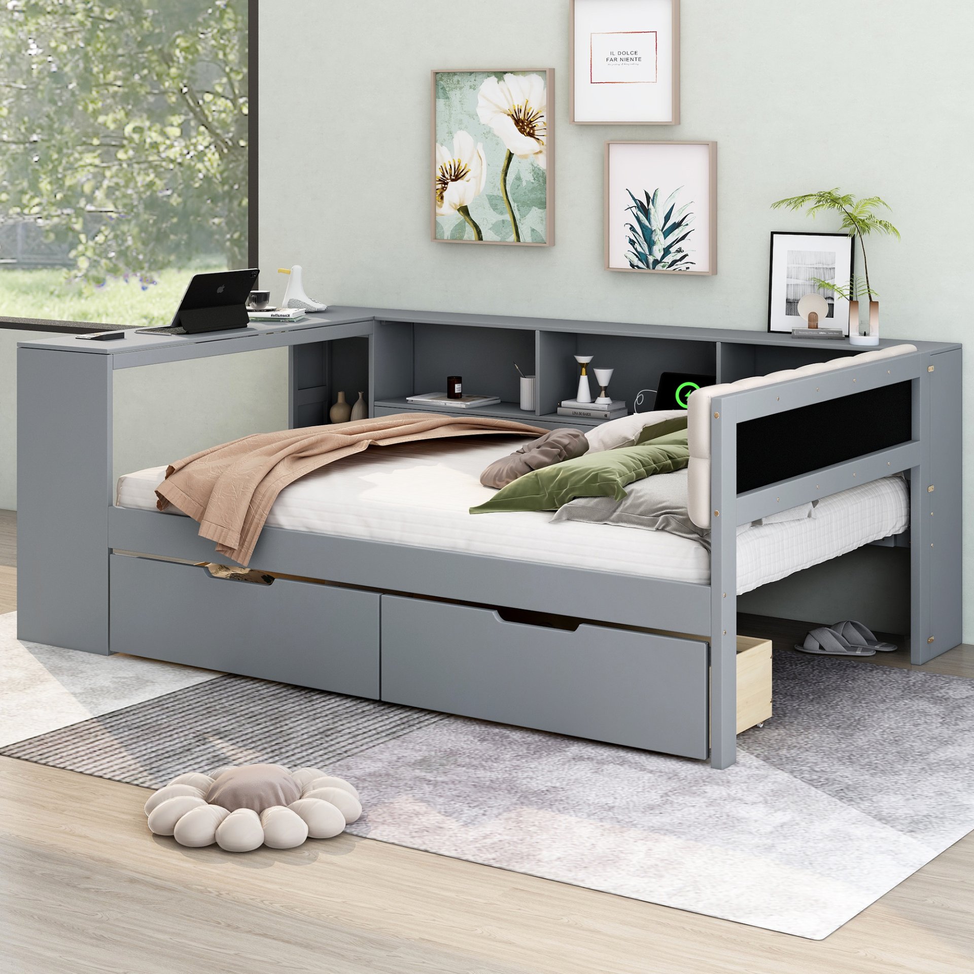 Upholstered Headboard Full Size Platform Bed With Storage Shelves, Drawers, Charging Station - Gray - Image 5