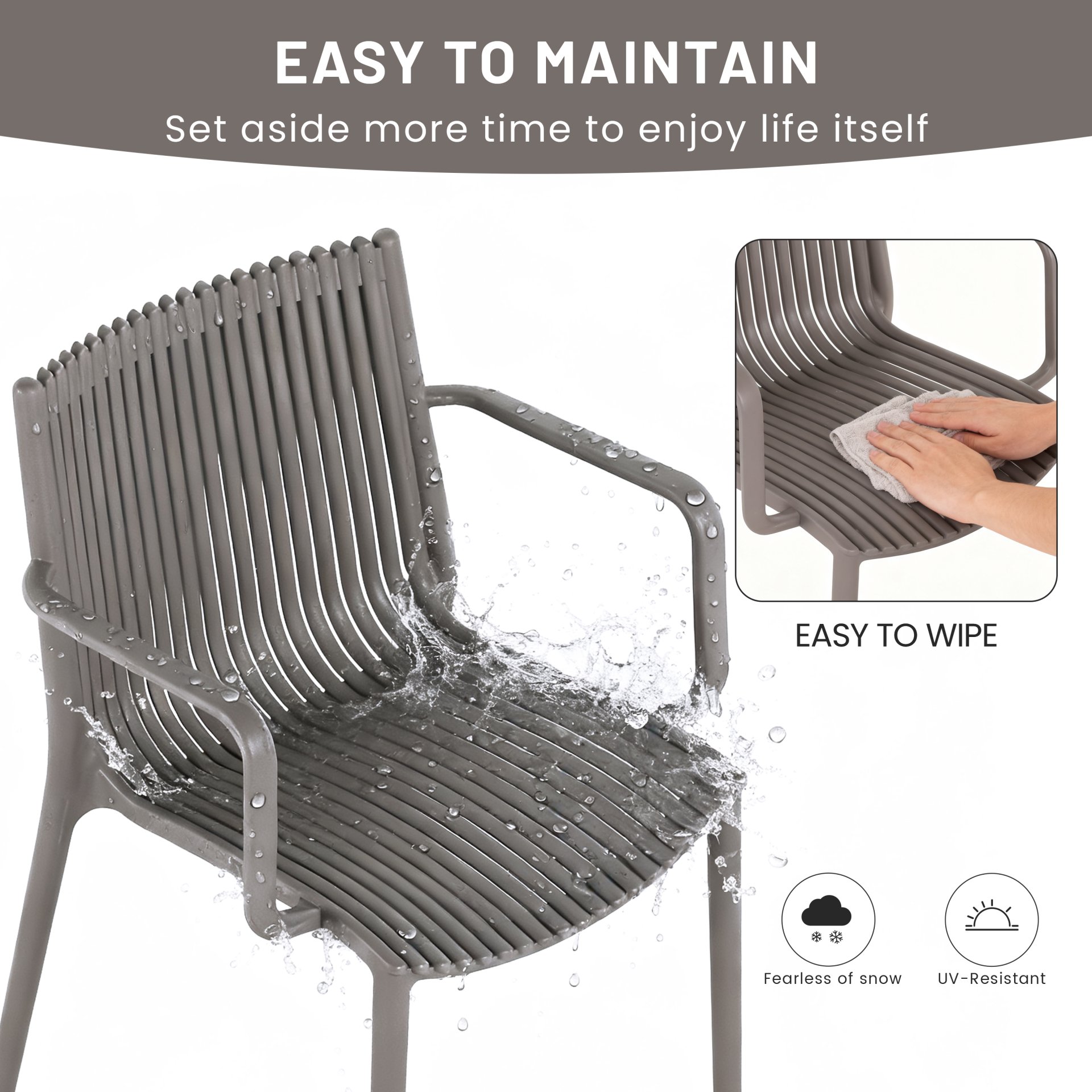 4 Piece Stackable Single Chairs With Vertical Stripe Design For All Weather - Warm Gray - Image 13