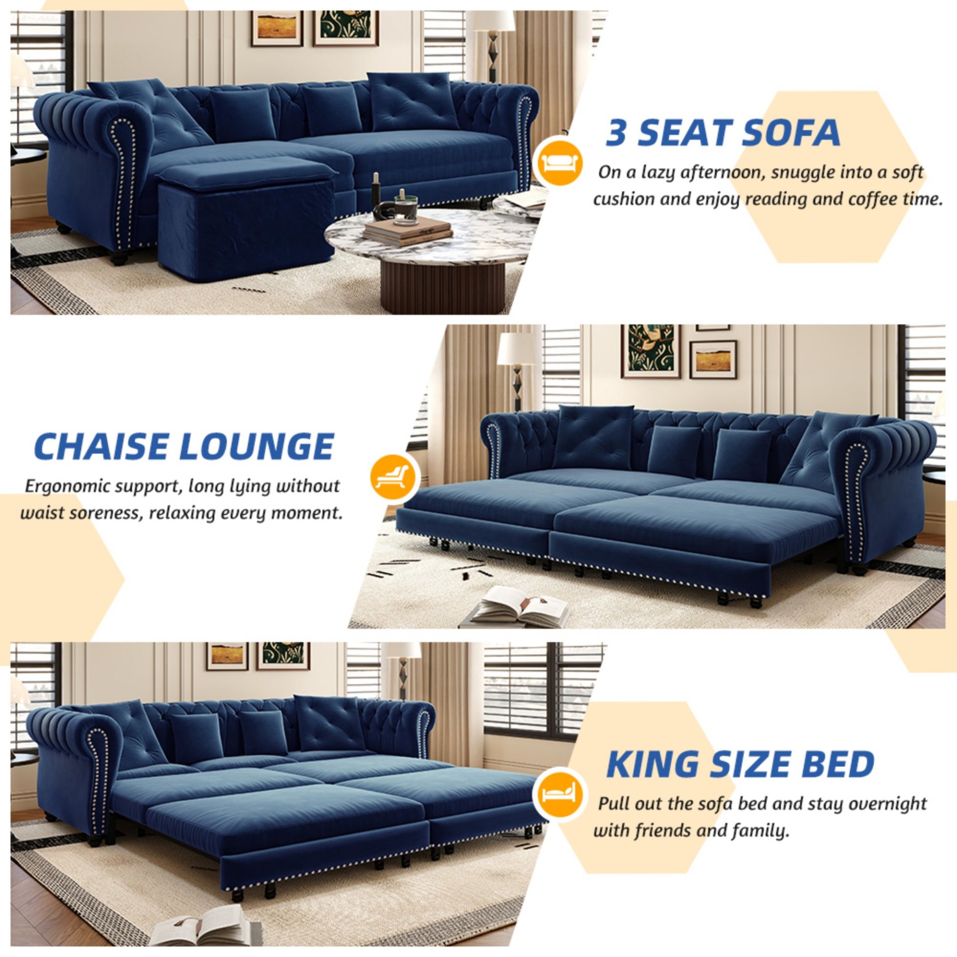 3 In 1 Pull Out Sofa Bed, Convertible Sleeper Sofa Bed, 3 Seater Sofa With Movable Ottoman - Blue - Image 12