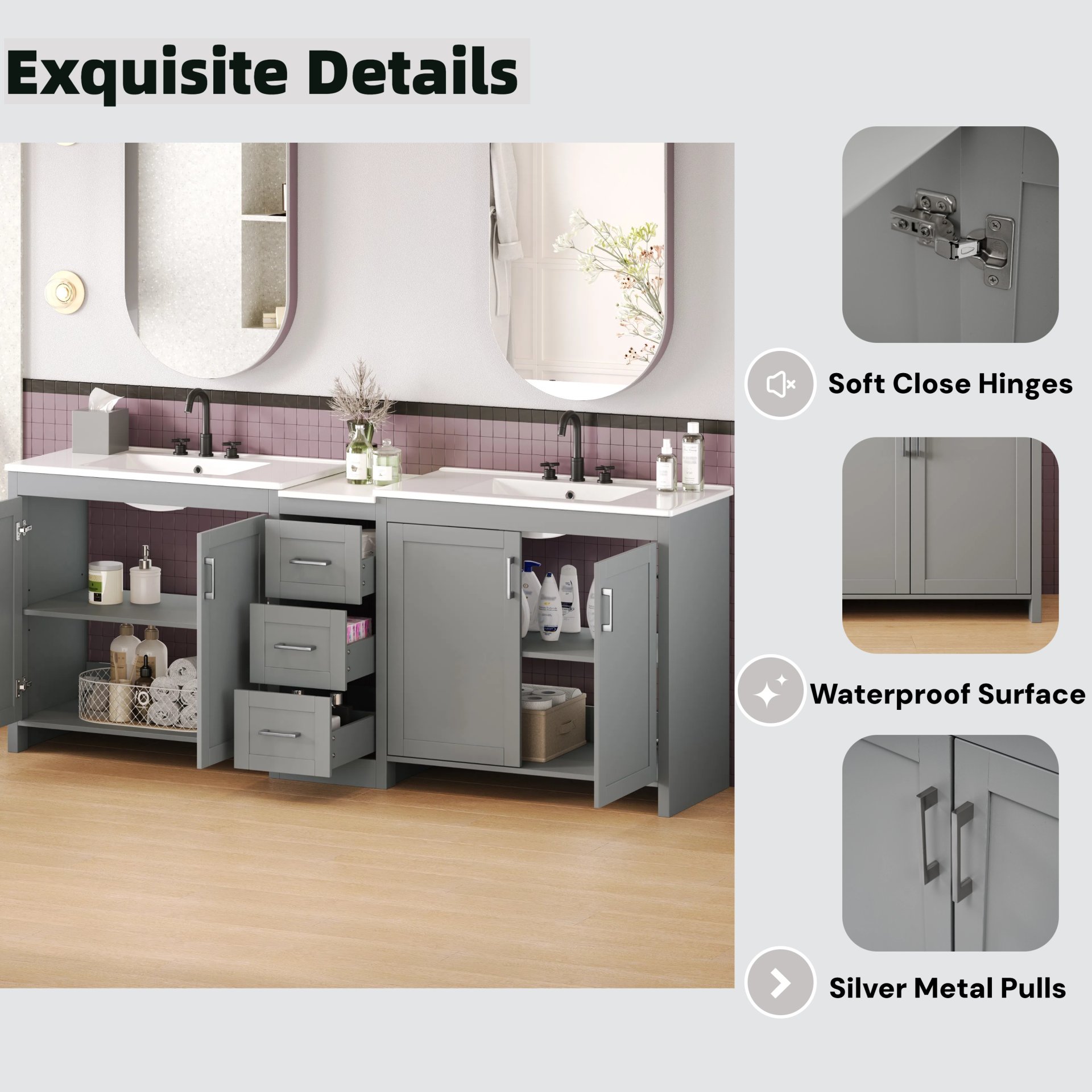 Double Sink Bathroom Vanity With Quartz Countertop, Adjustable Shelves, 3 Drawers - Gray - Image 7