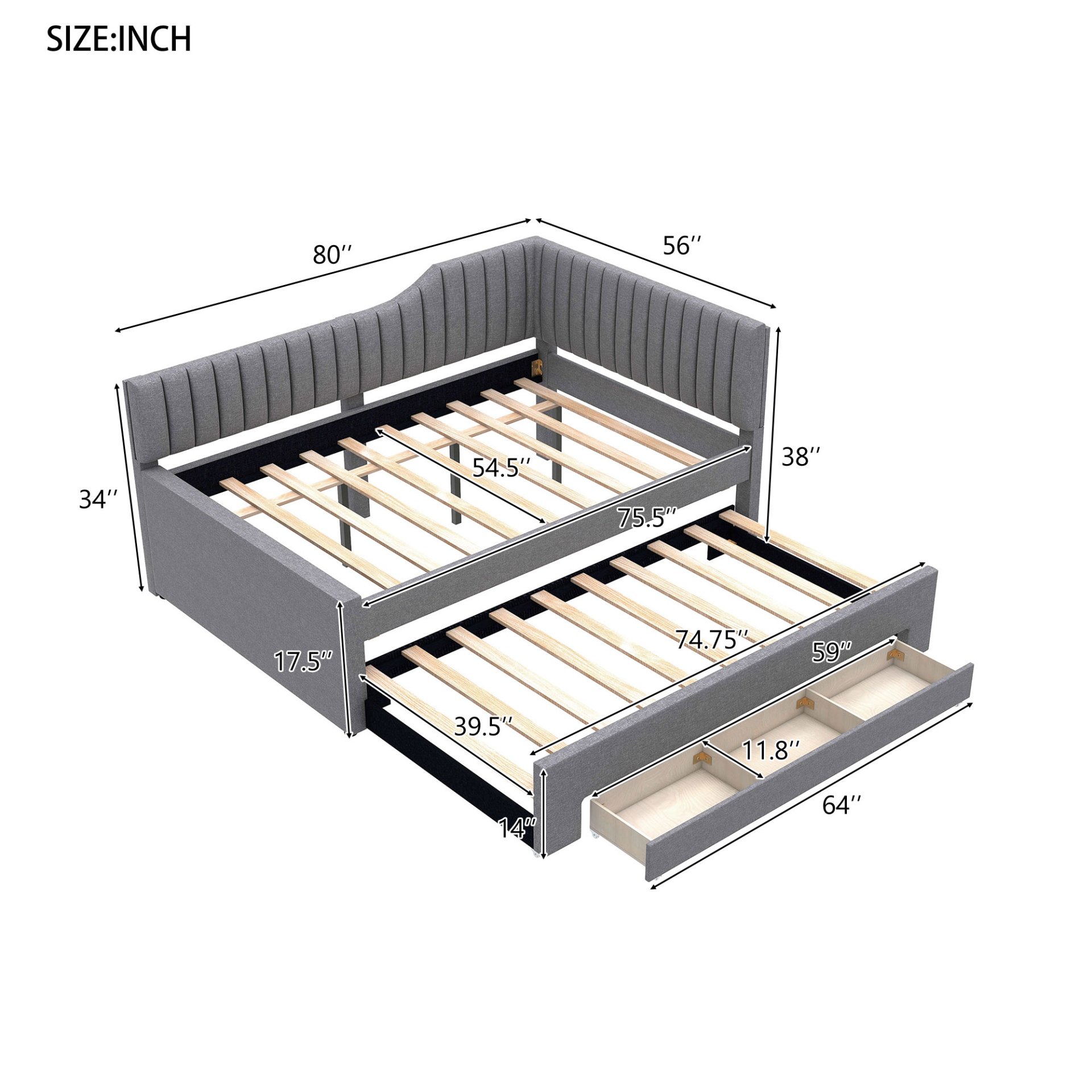 Full Size Upholstered Daybed With Trundle And 3 Drawers - Gray - Image 3