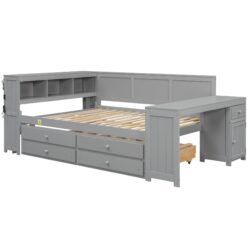 Full Size Daybed With Storage Shelves, Drawers, Trundle, Charging Station, LED Light, Desk And Cabinet - Gray